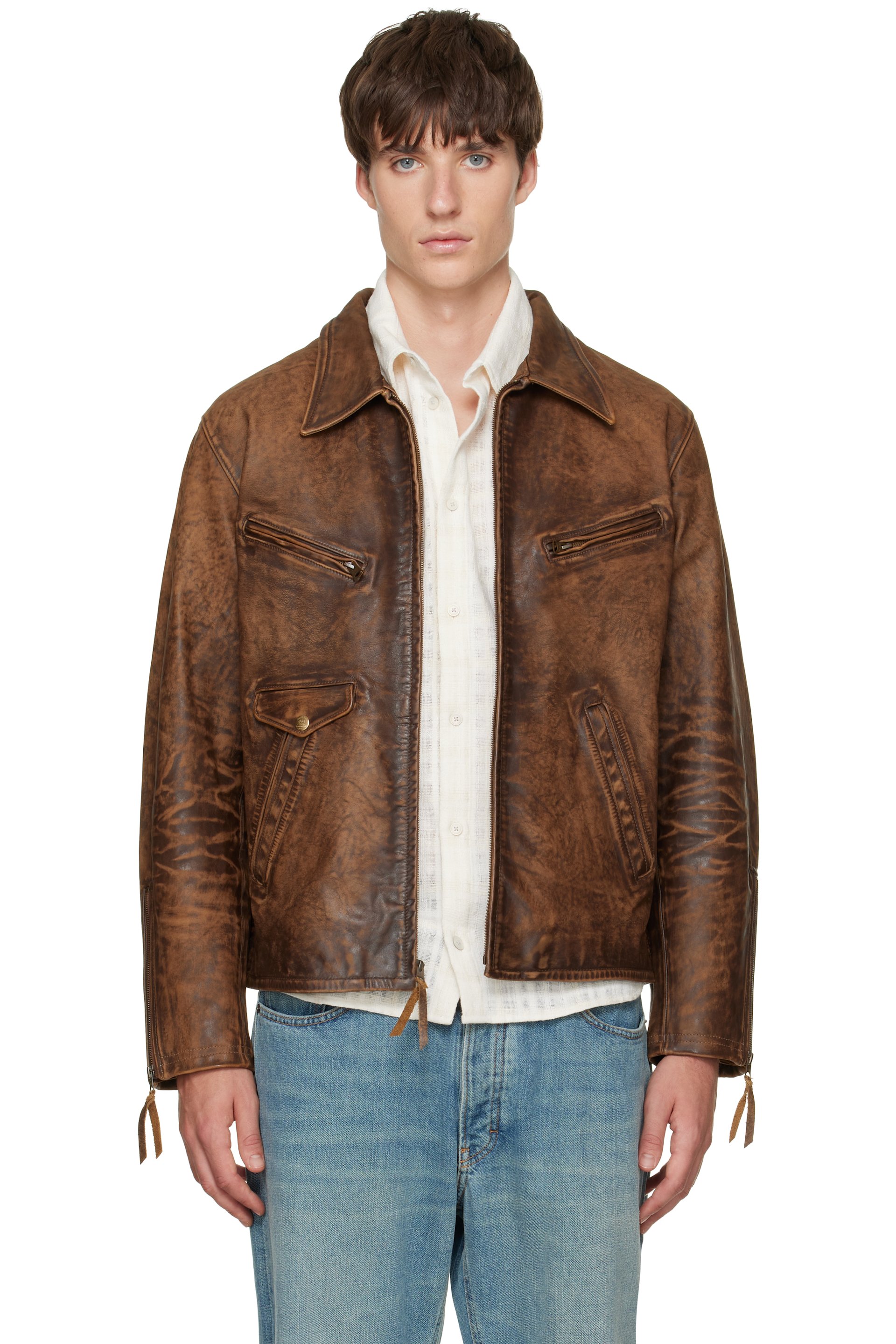 RRL - Blouson brun en cuir à glissières