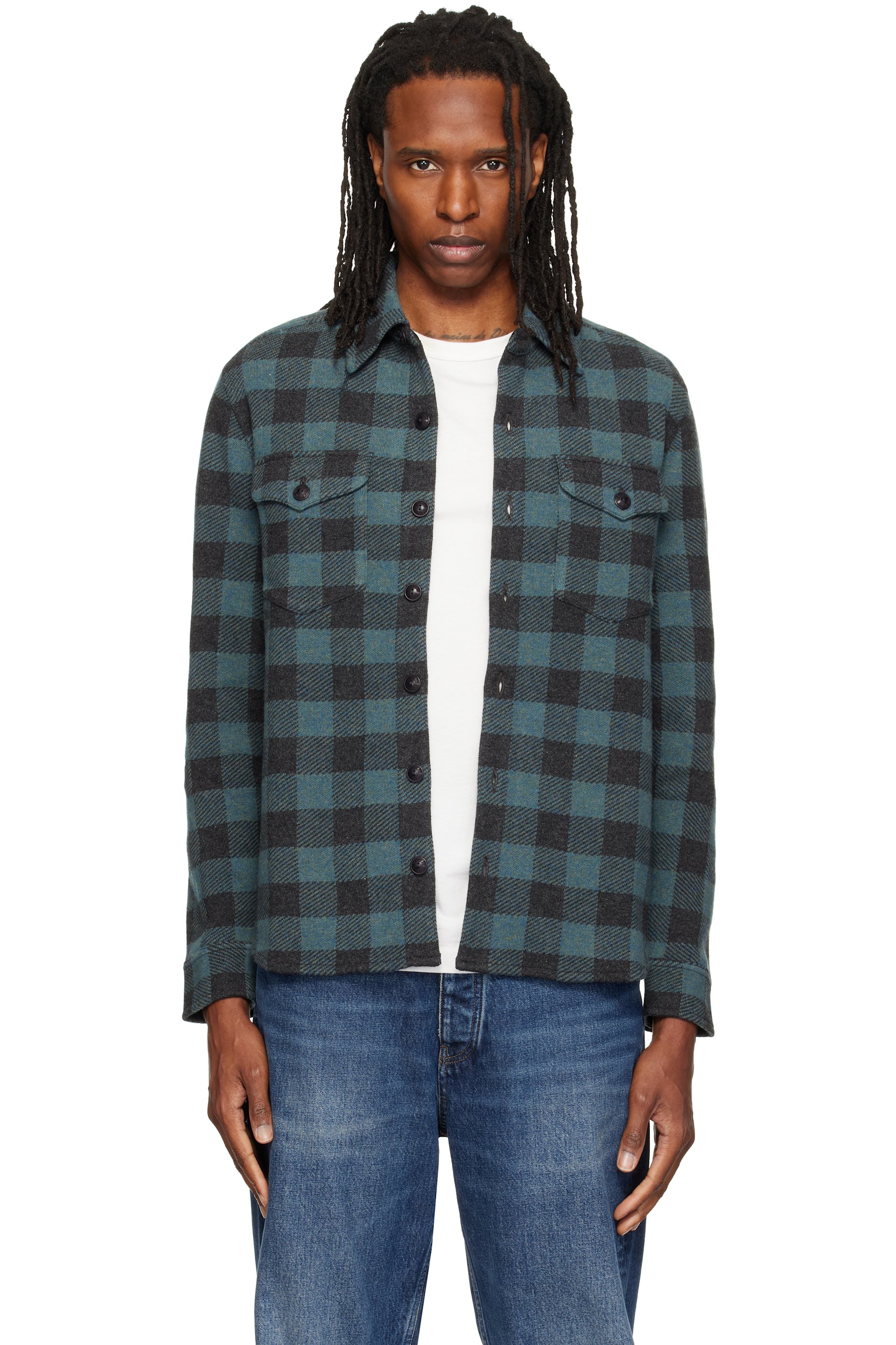 RRL - Surchemise bleu et noir en laine et cachemire à carreaux