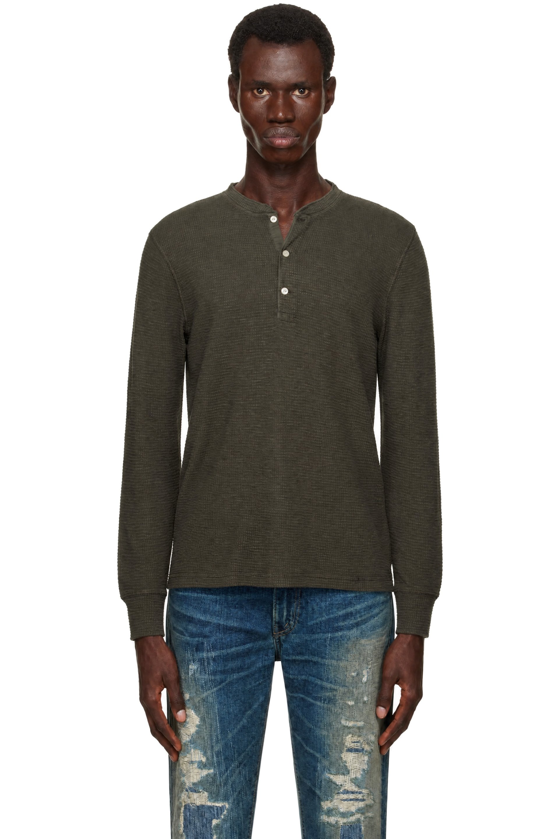 RRL - Taupe Waffle-Knit Henley