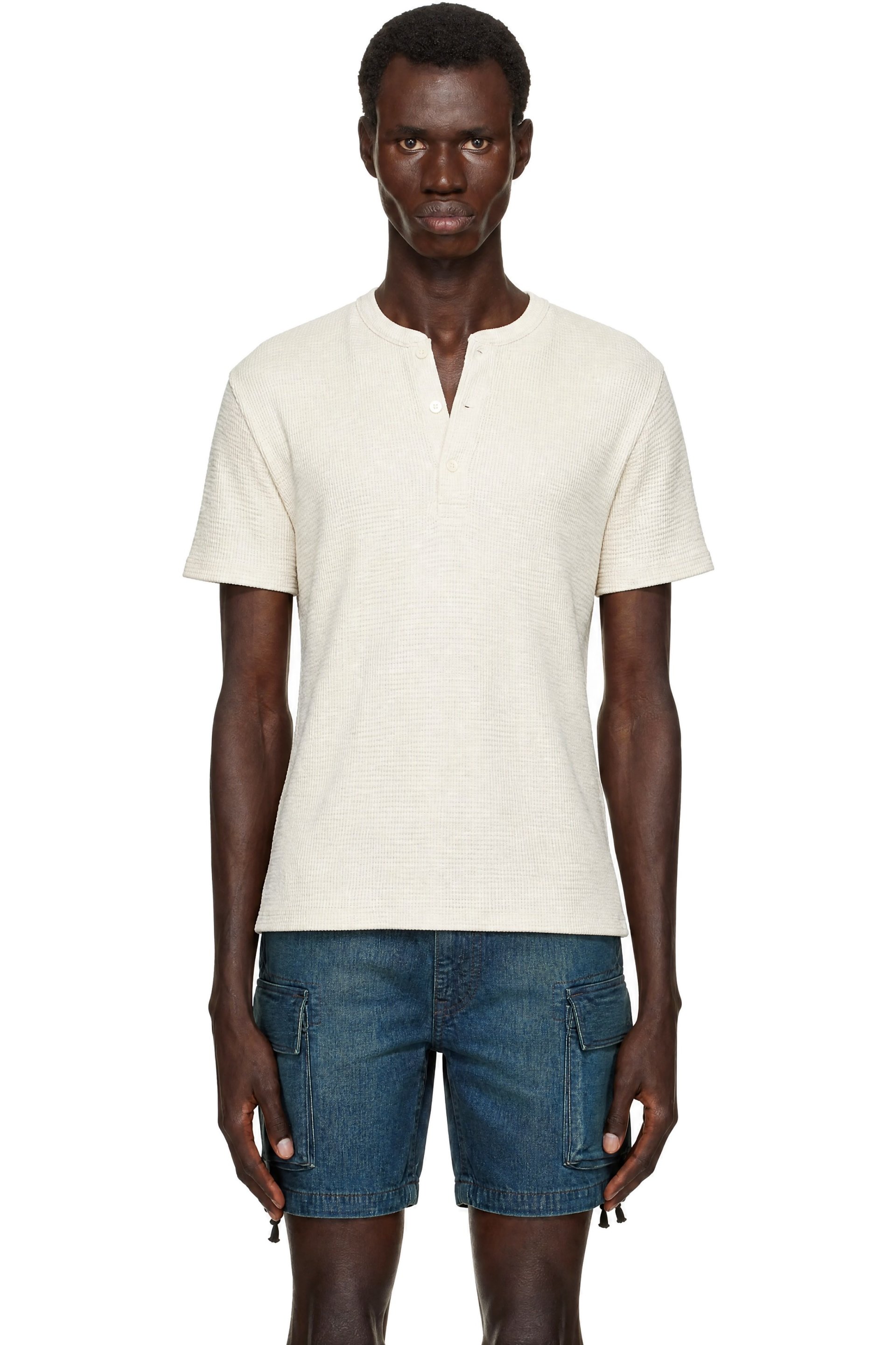 RRL - White Waffle-Knit Short Sleeve Henley