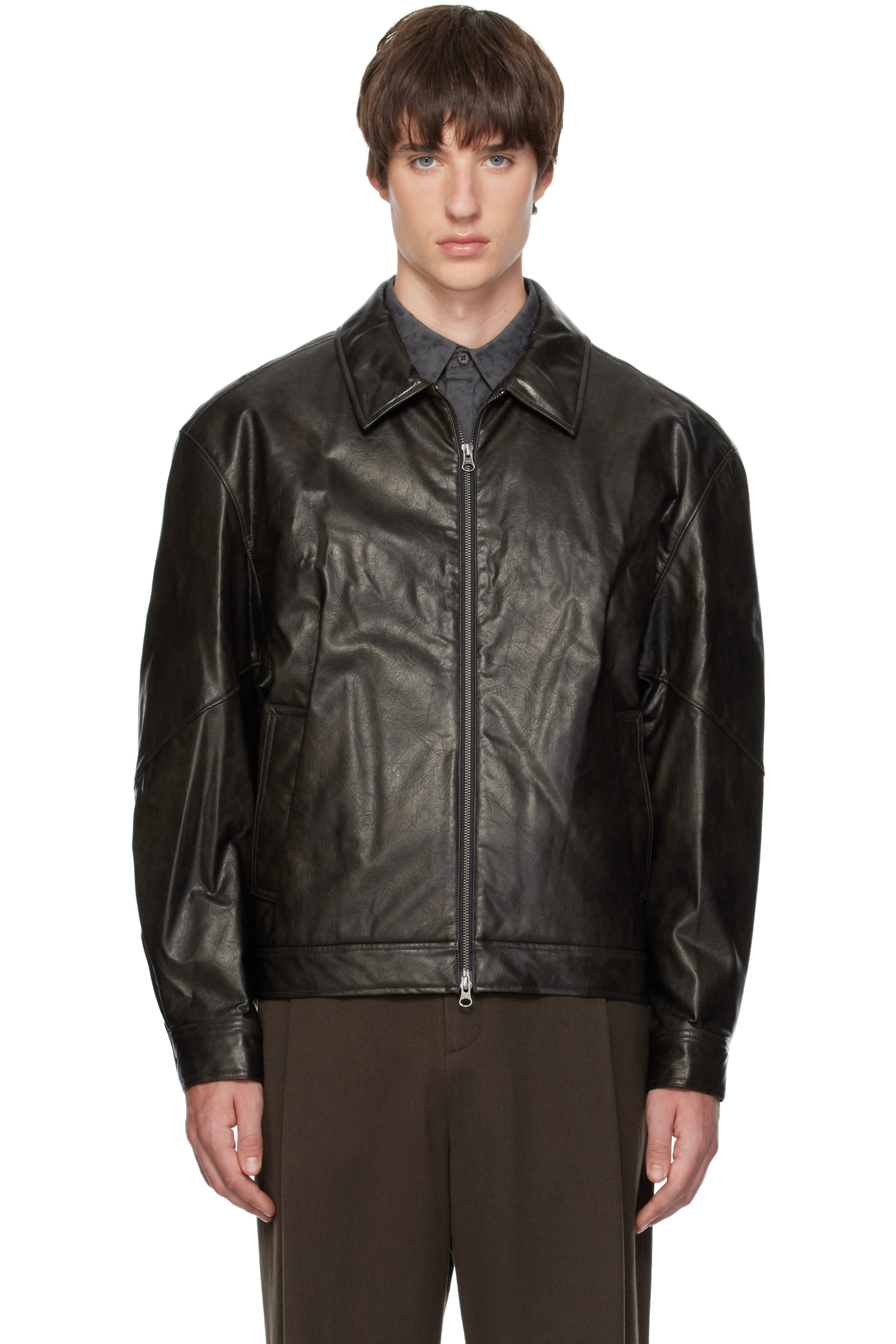 AMOMENTO - Black Faux-Leather Bomber Jacket