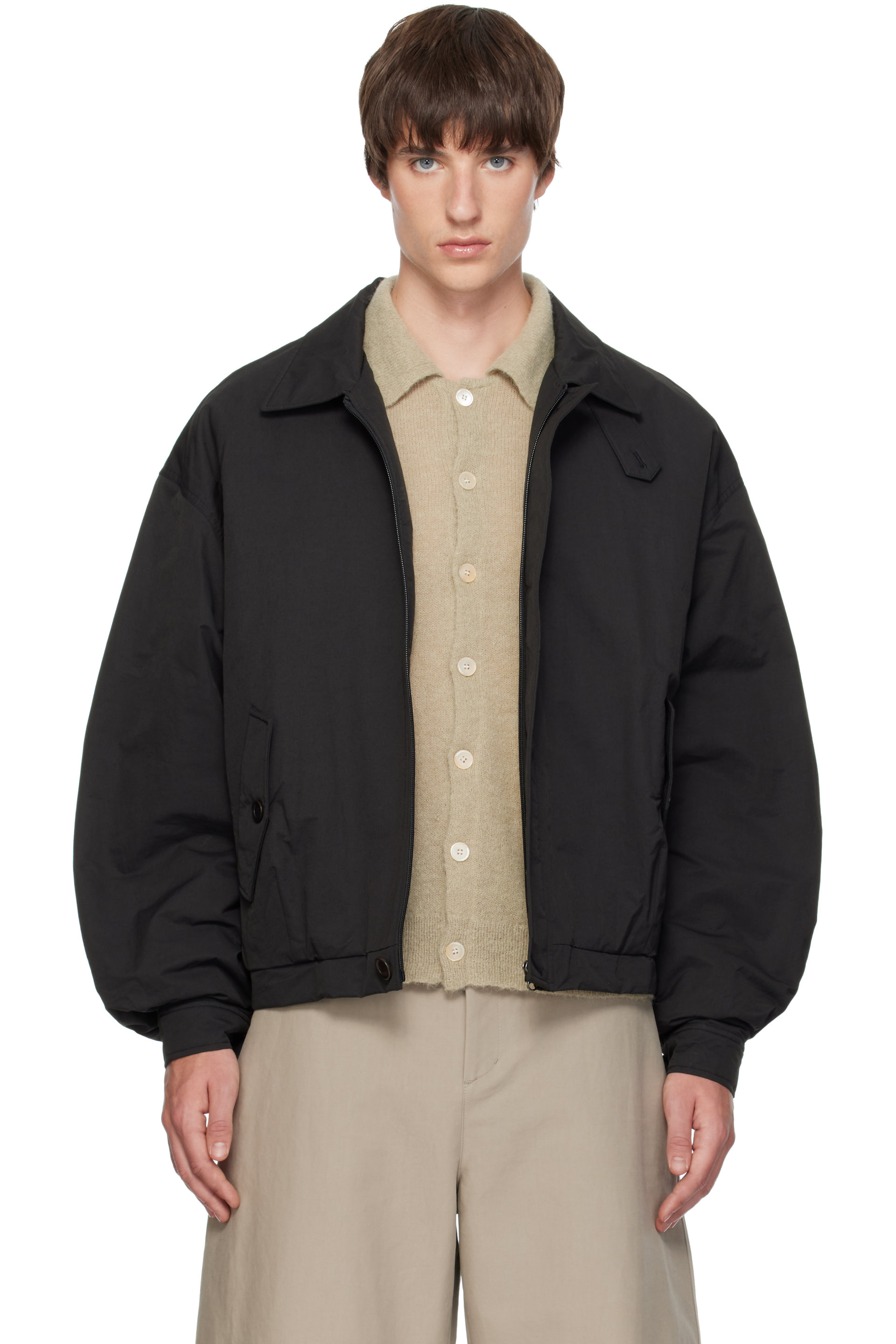 AMOMENTO - Black Padded Cotton Nylon Bomber Jacket