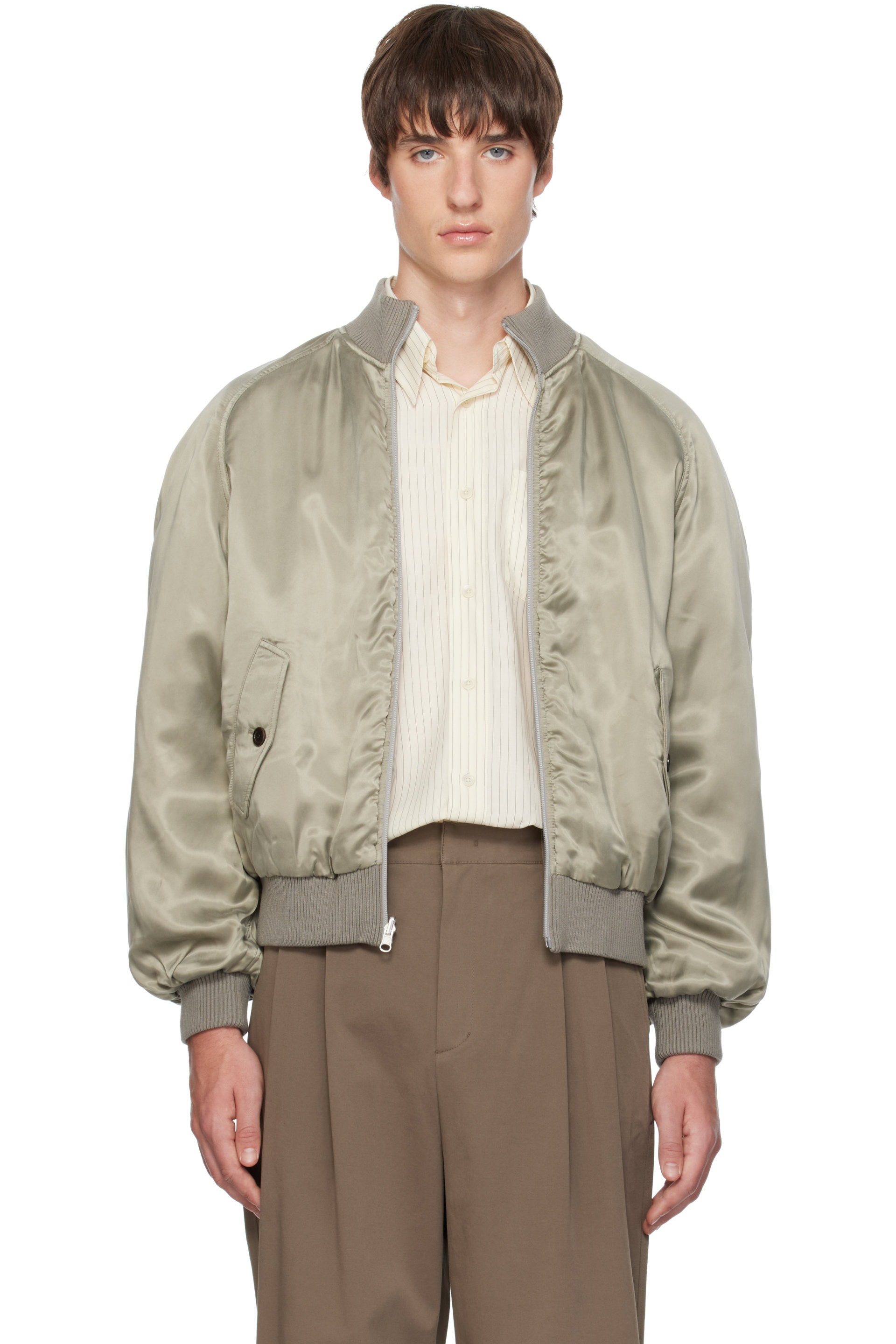 AMOMENTO - Green Ribbed Silky Bomber Jacket