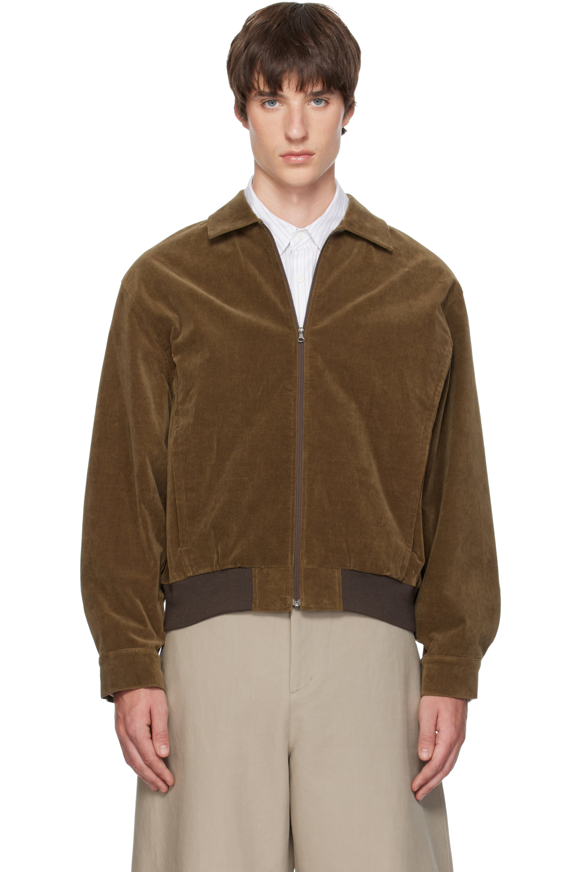 AMOMENTO - Khaki Velvet Zip-Up Bomber Jacket