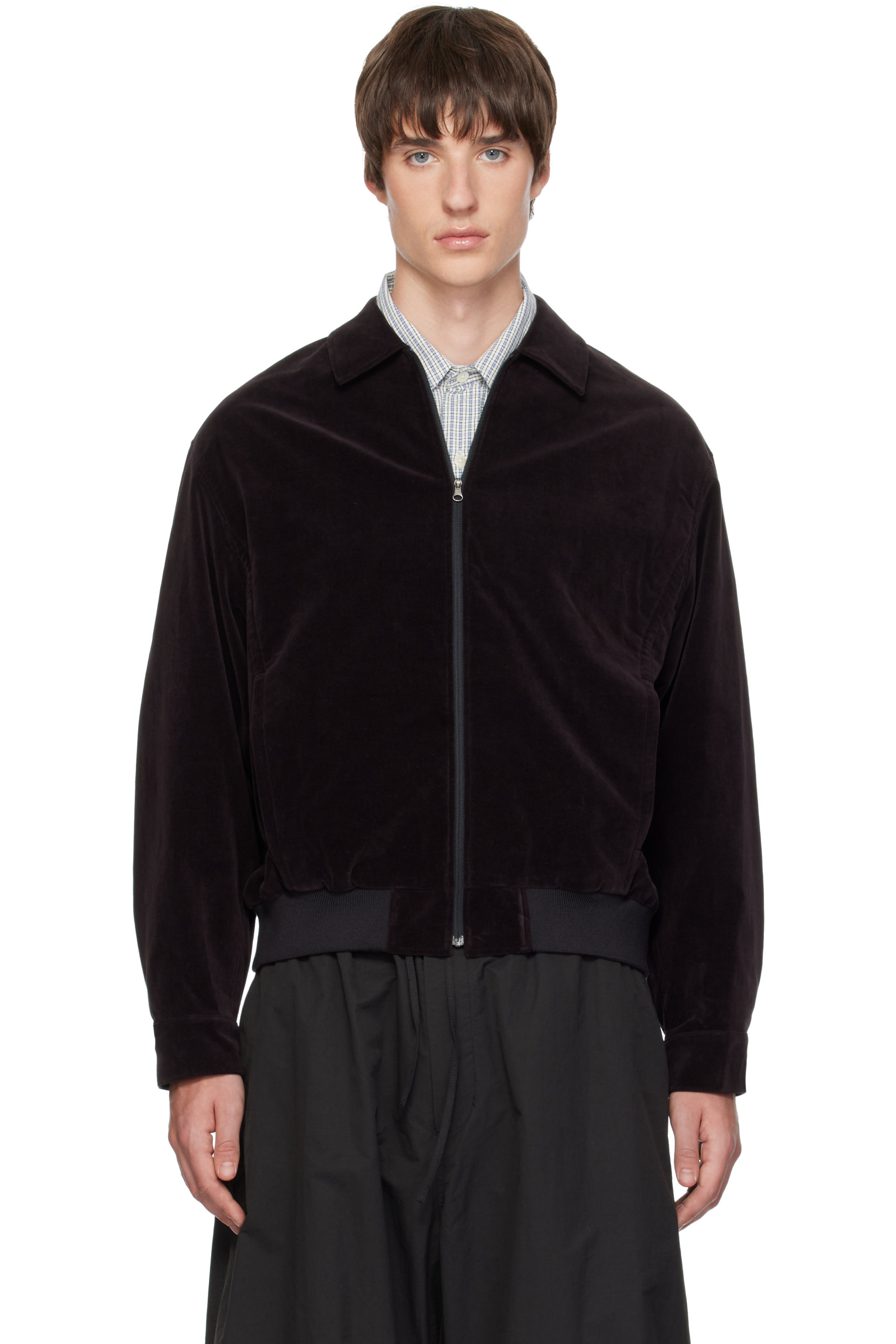 AMOMENTO - Brown Velvet Zip-Up Bomber Jacket