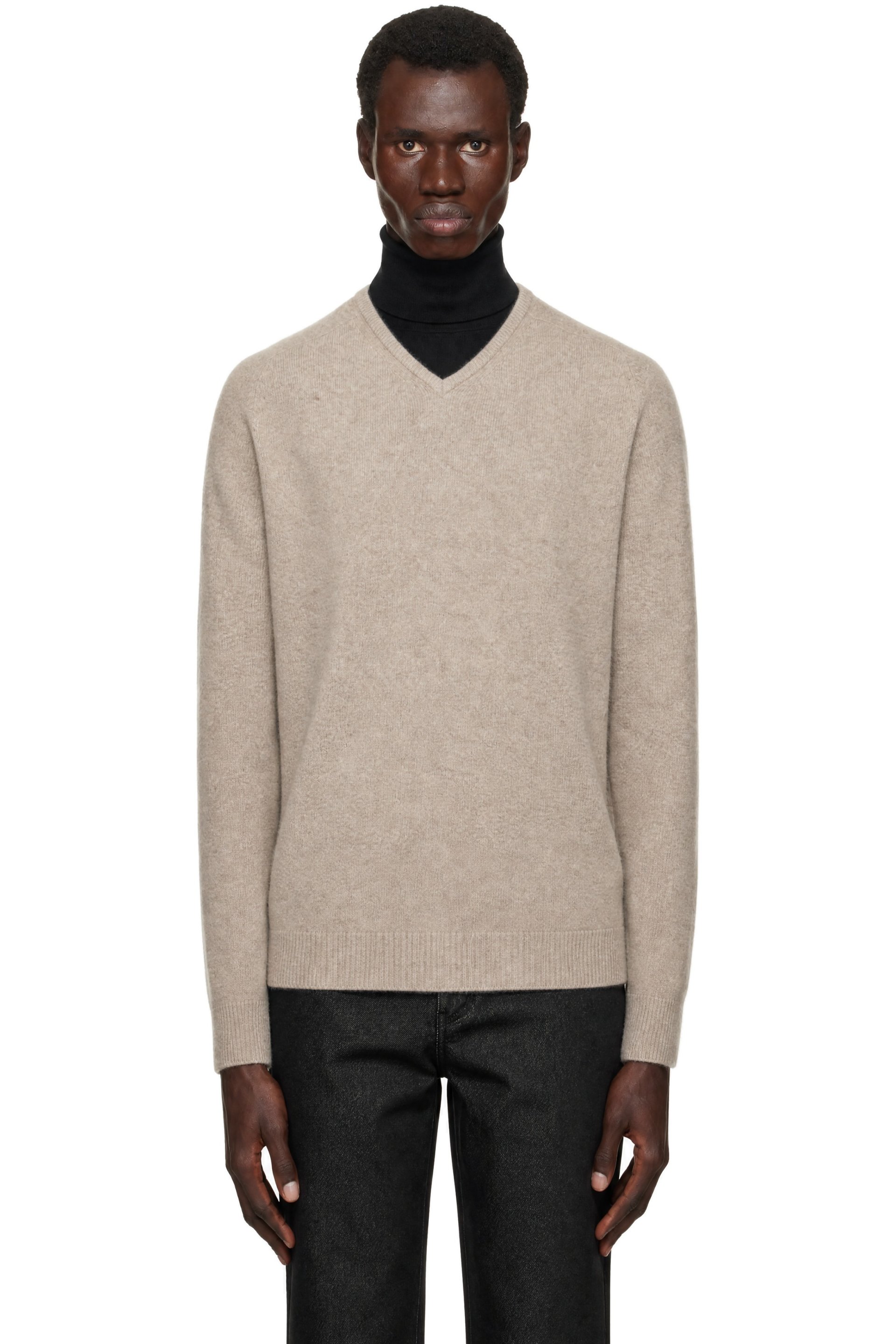 AMOMENTO - Pull beige en fourrure de raton laveur à col en V