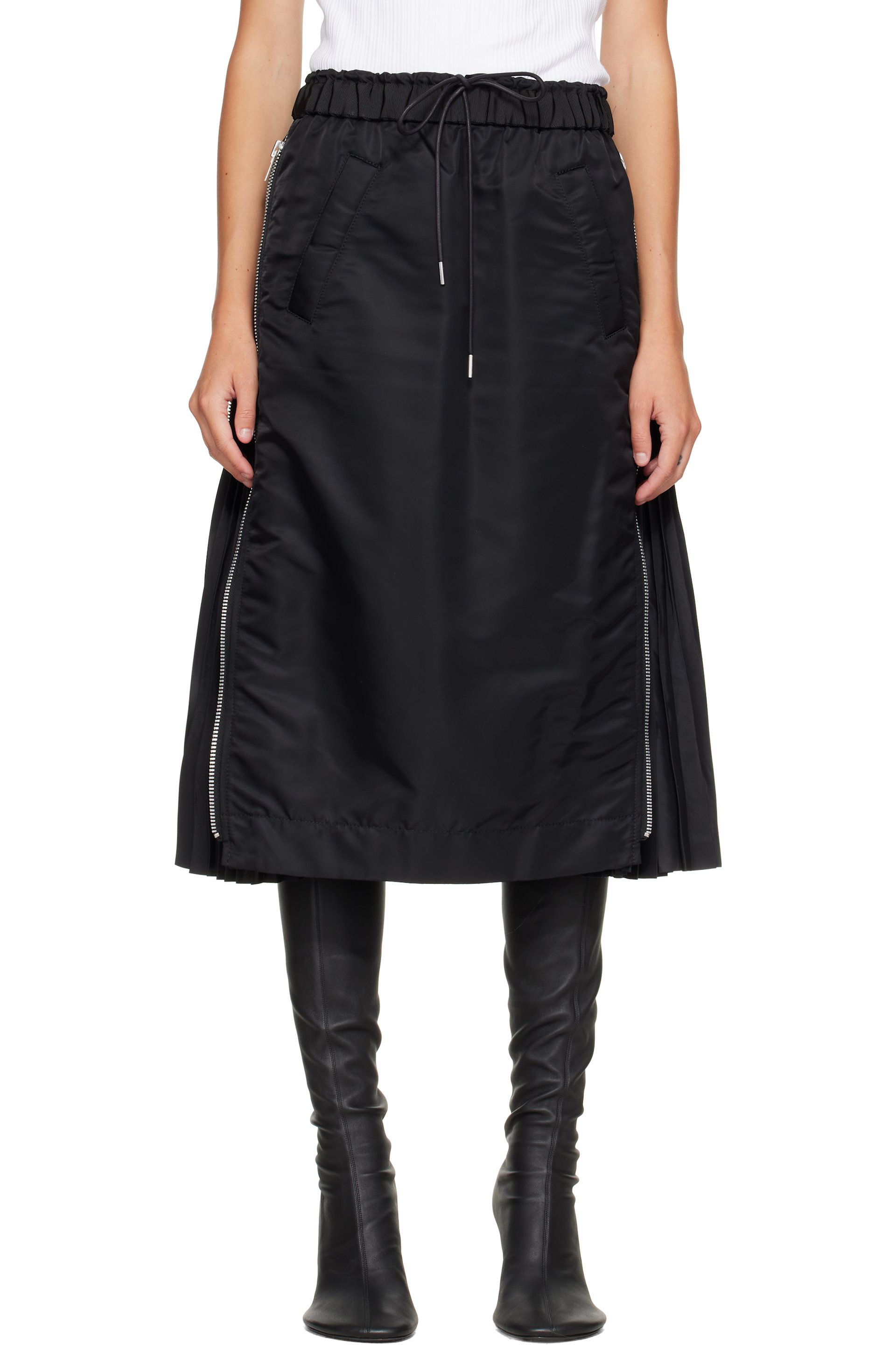 sacai - Black Nylon Twill Midi Skirt