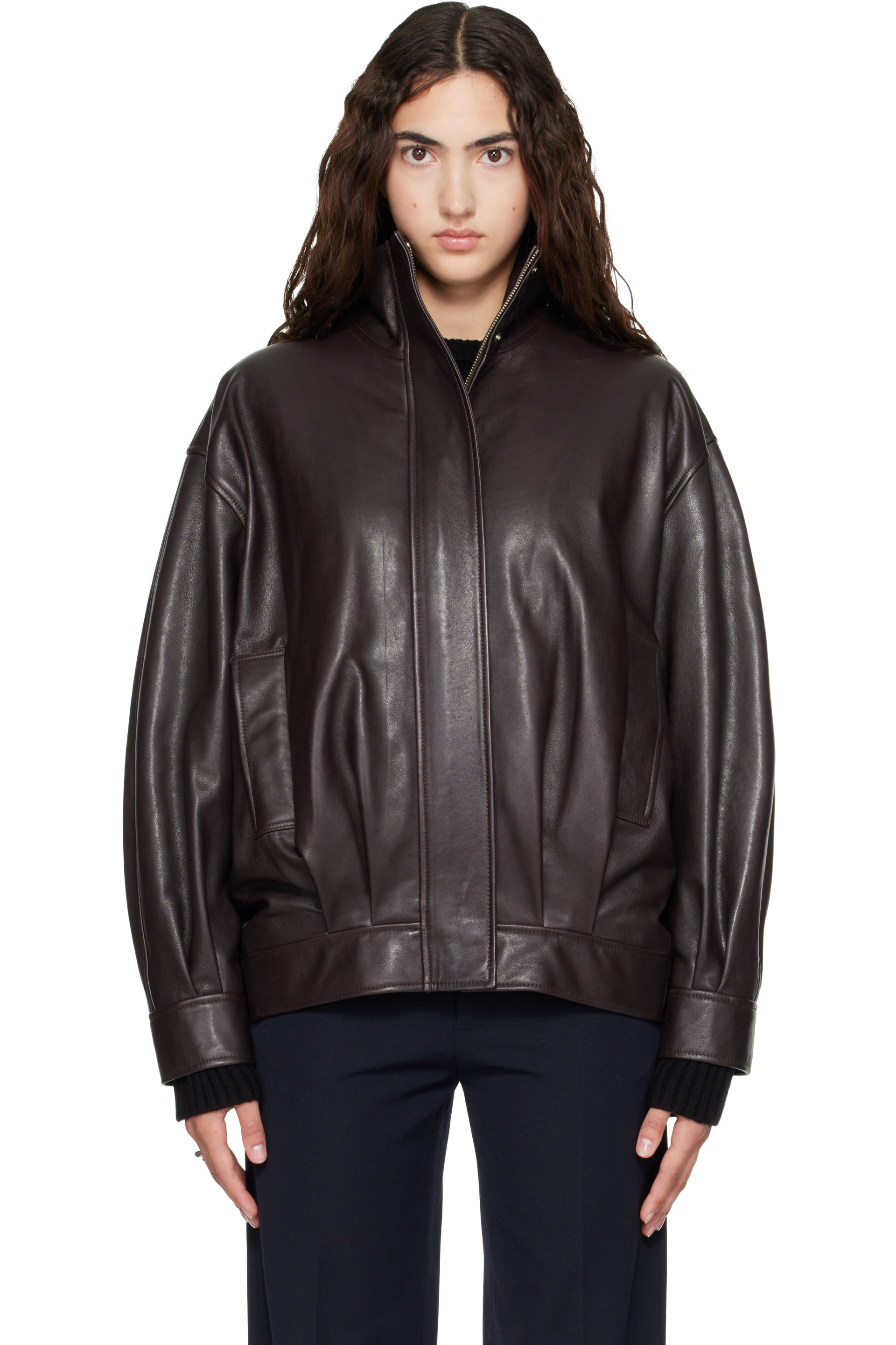 Arma - Brown Paula Funnel Neck Leather Jacket