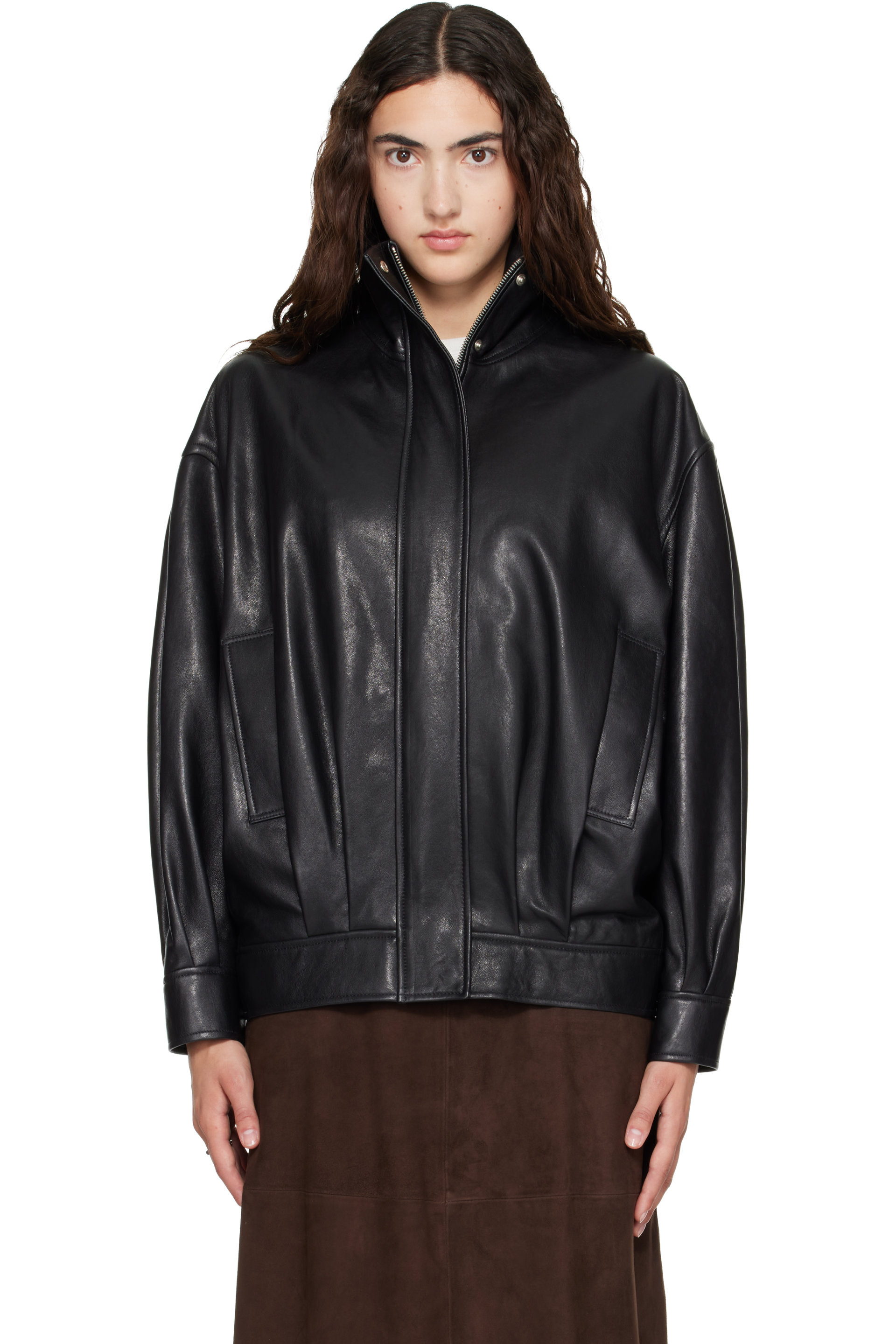Arma - Black Paula Funnel Neck Leather Jacket