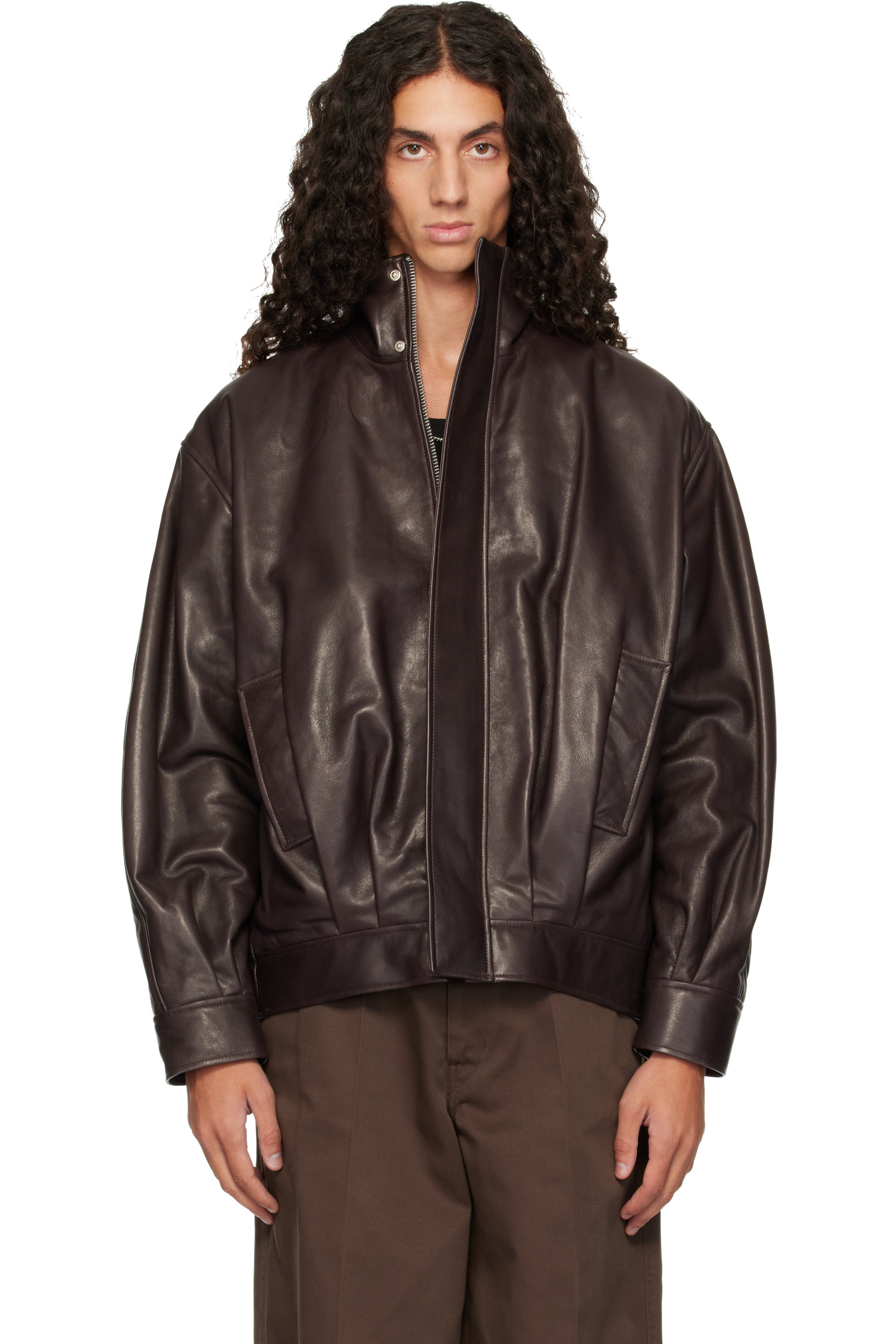 Arma - Blouson Paulo brun en cuir à col cheminée