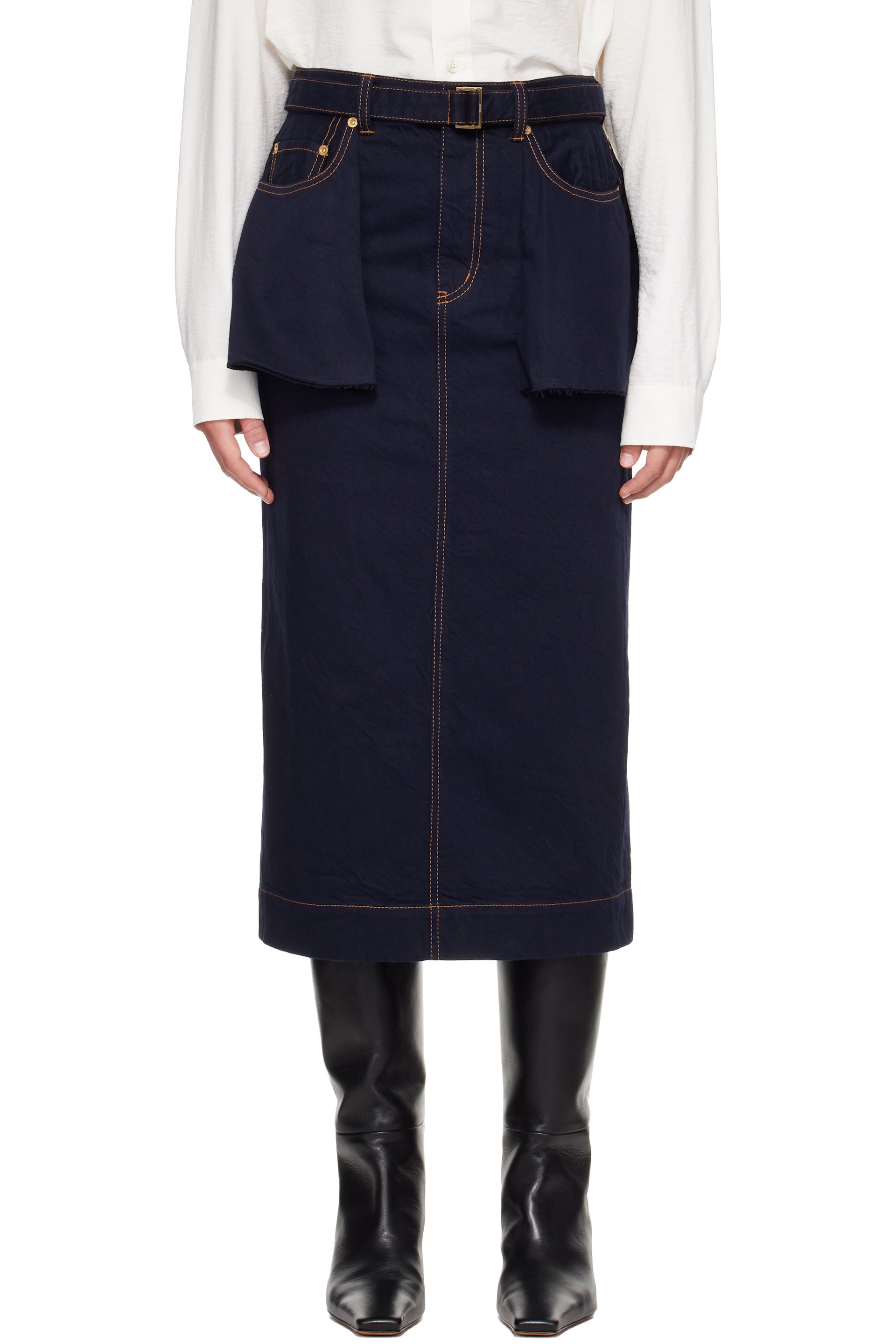 sacai - Navy Denim Midi Skirt
