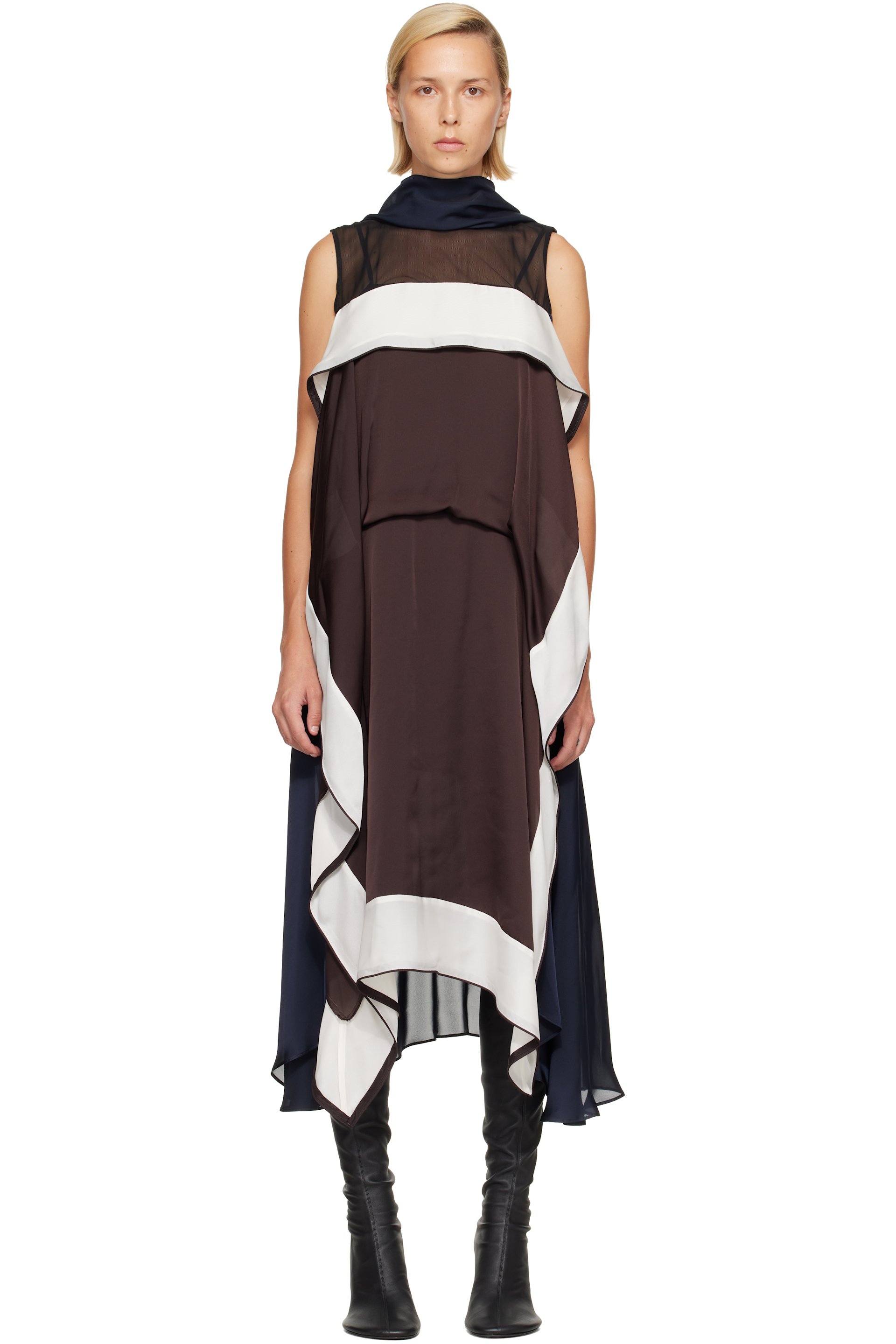 sacai - Brown Satin & Chiffon Midi Dress