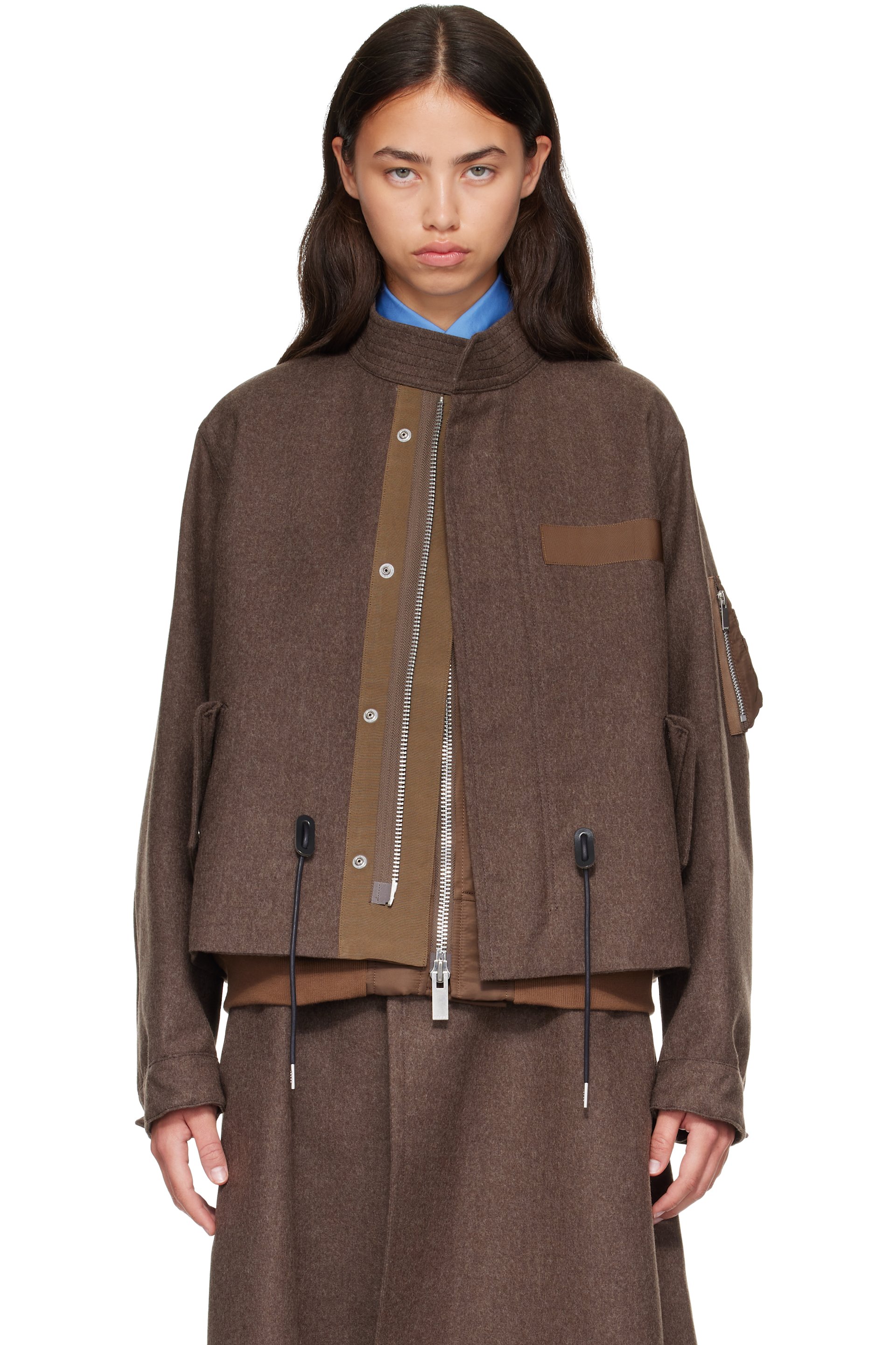 sacai - Brown Wool Flannel x Nylon Twill Coat