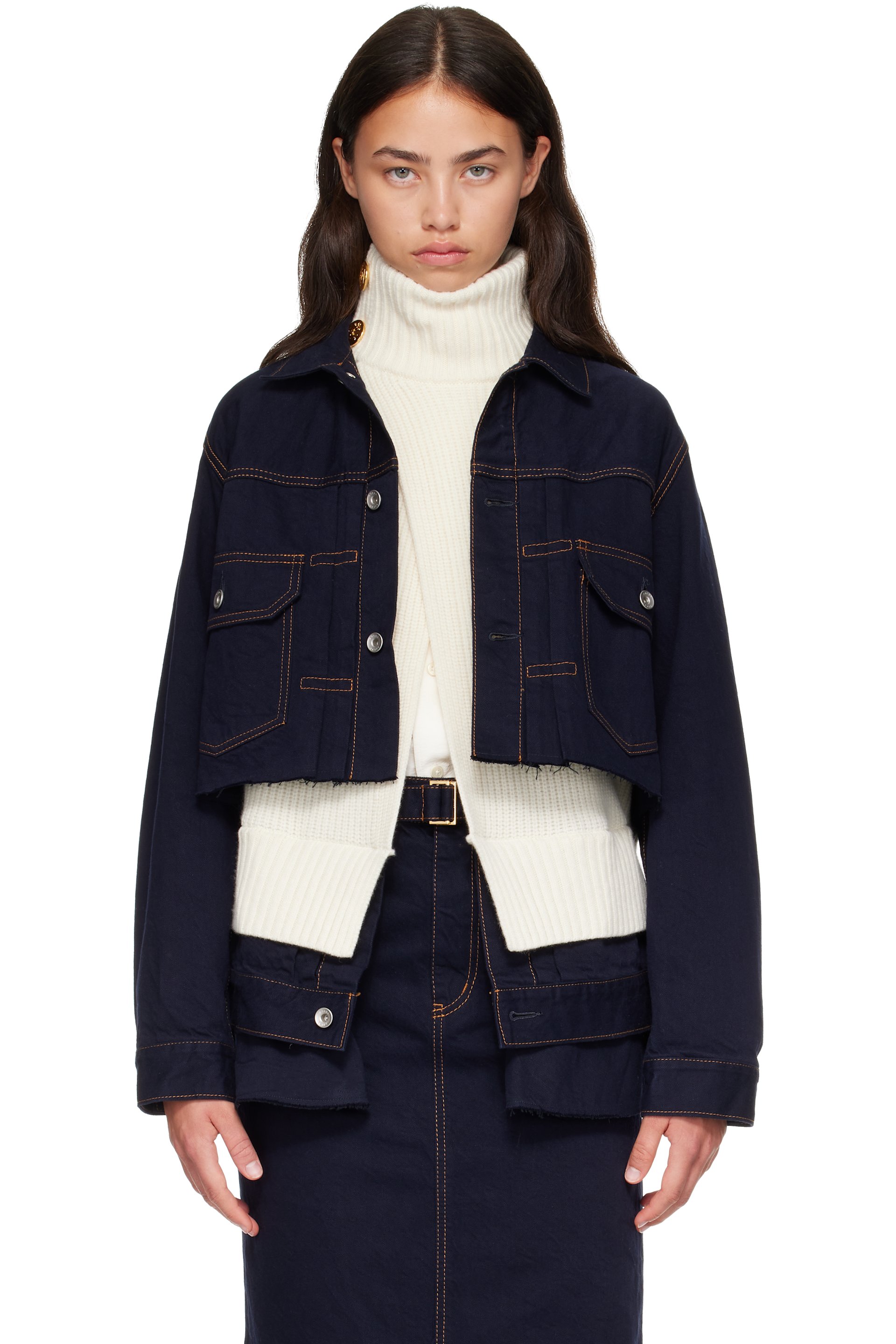 sacai - Navy & White Wool Knit x Denim Jacket