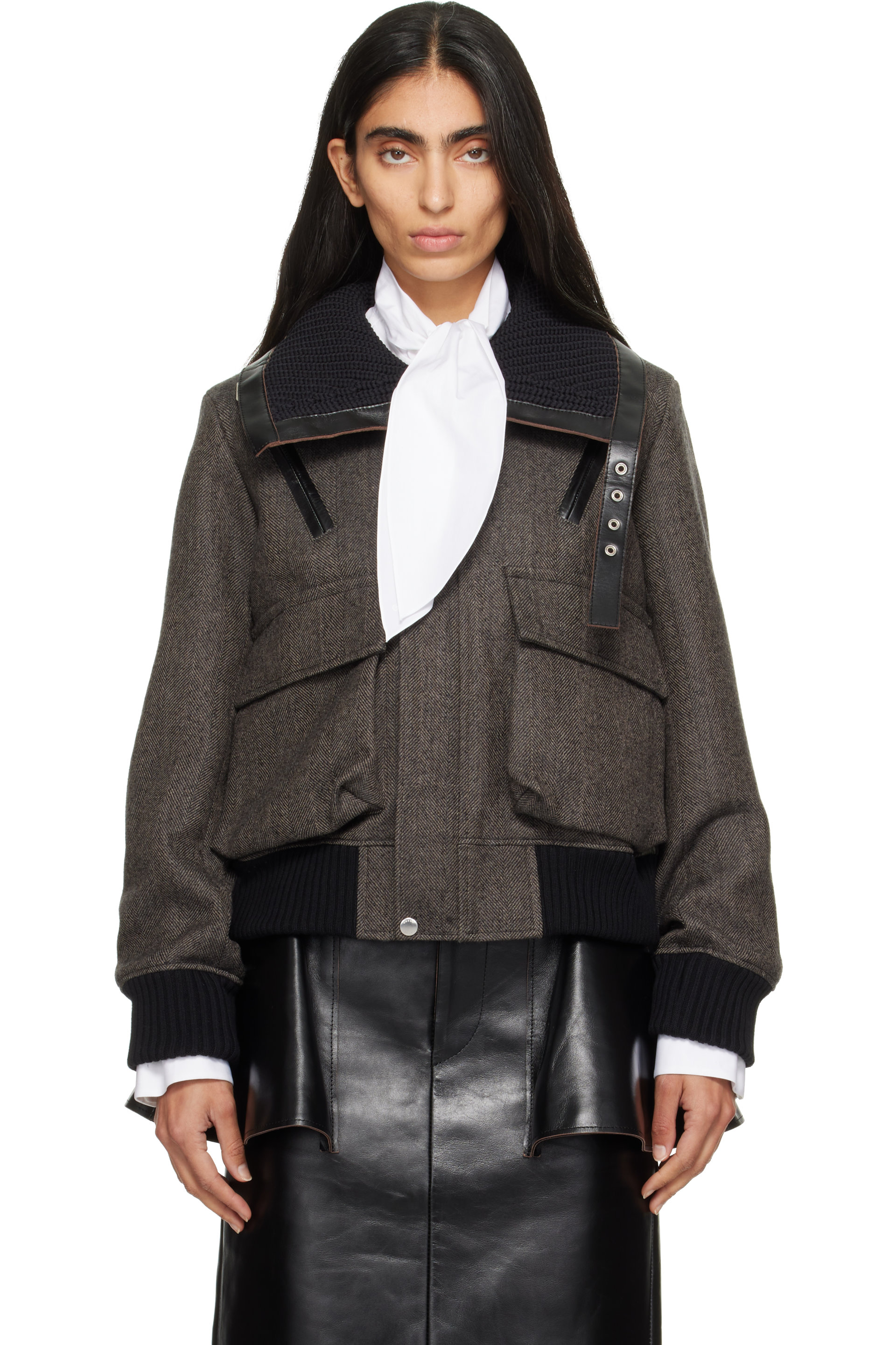 sacai - Brown & Khaki Herringbone Puffer Blouson Jacket