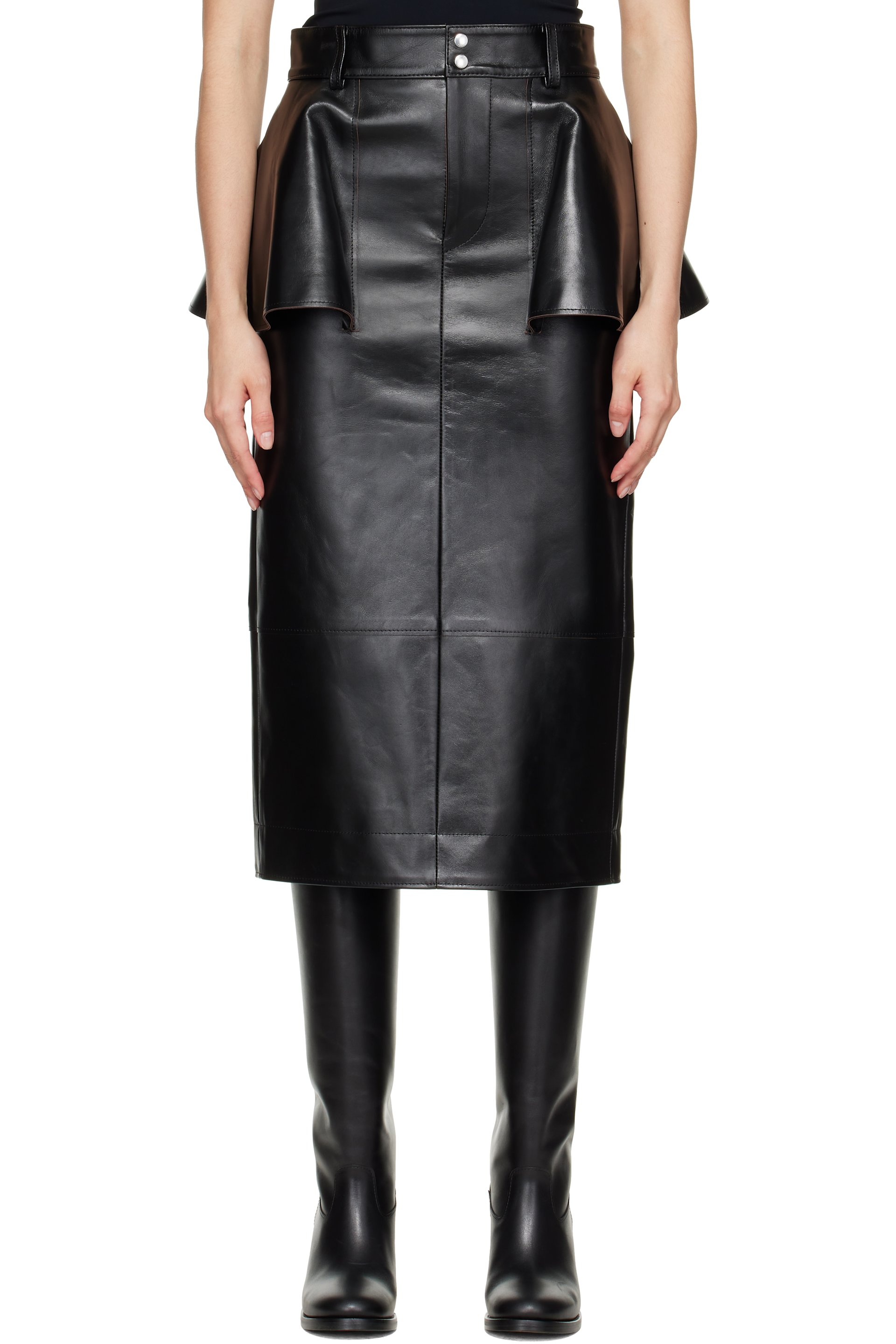 sacai - Black Leather Midi Skirt