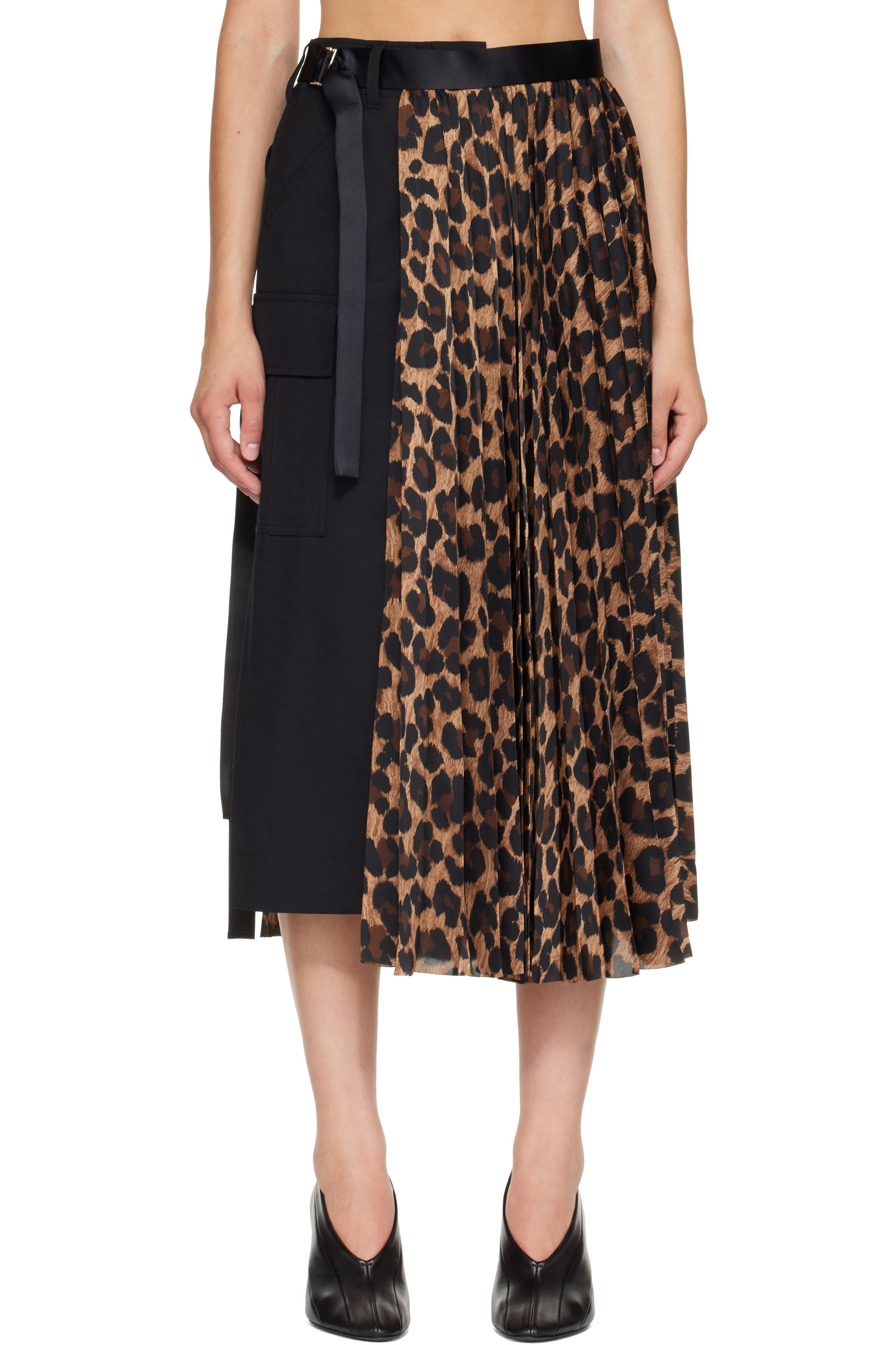 sacai - Black Leopard x Suiting Midi Skirt