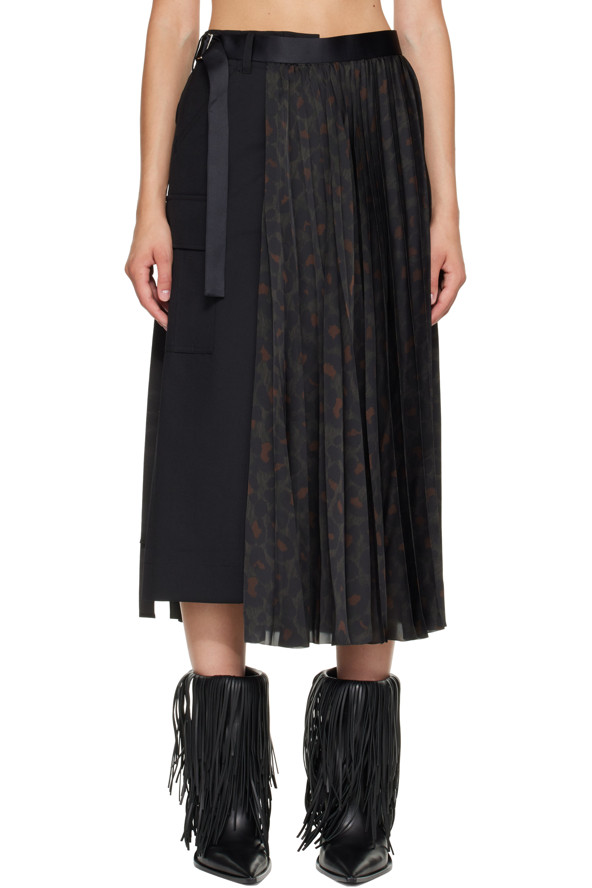 sacai - Black Leopard x Suiting Midi Skirt
