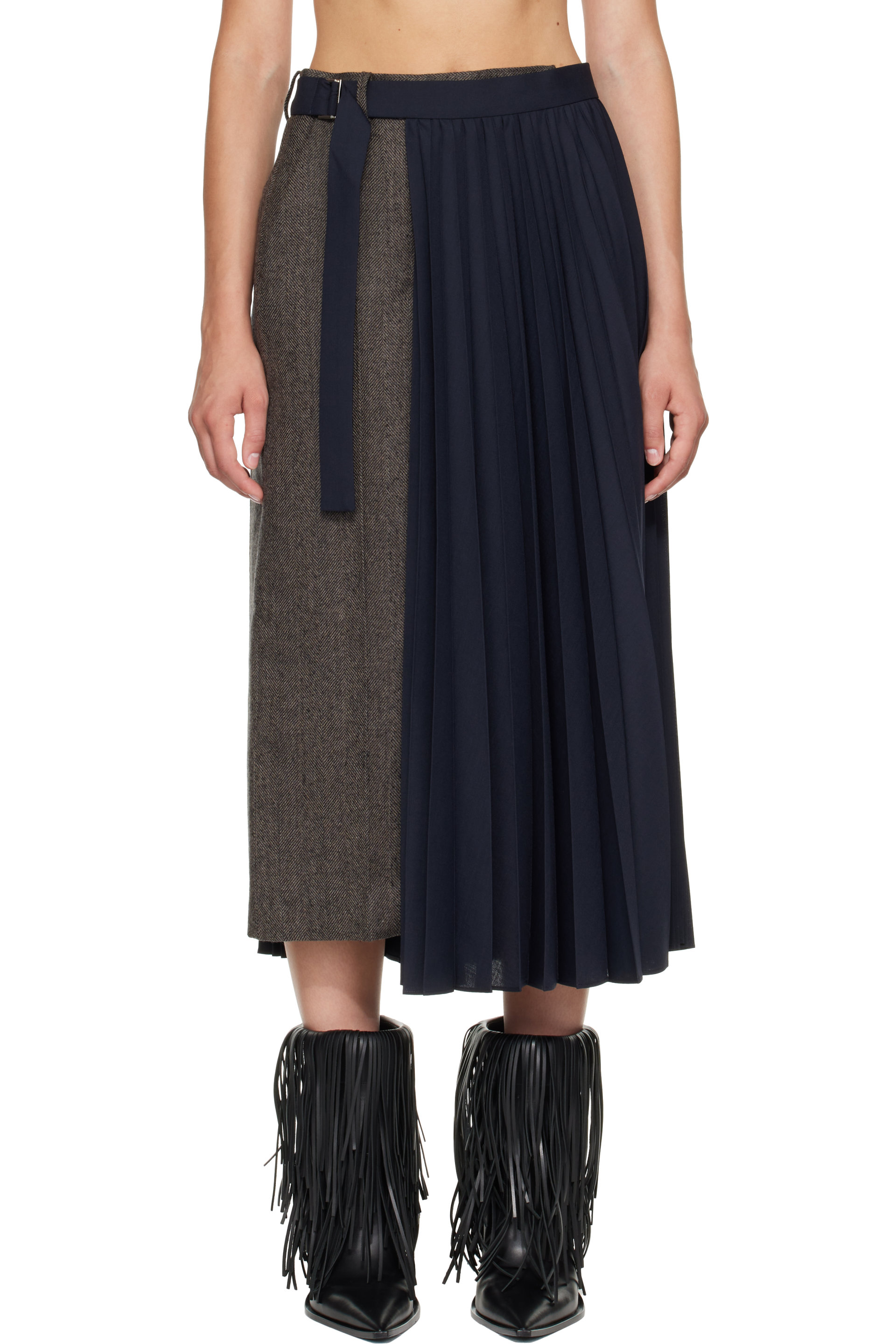 sacai - Taupe & Navy Herringbone x Suiting Midi Skirt