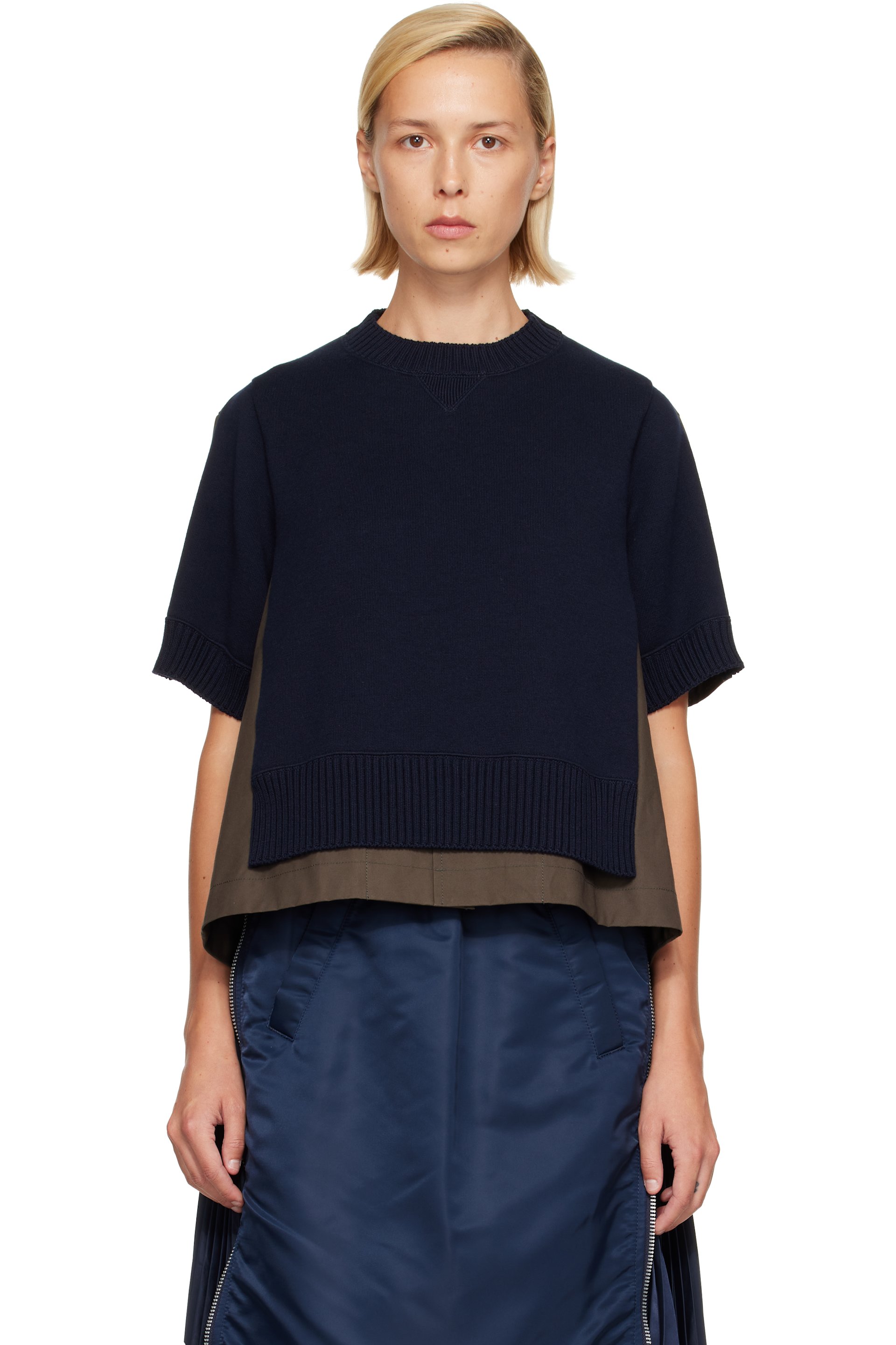 sacai - Green Cotton Weather & Cotton Cashmere Knit Sweater