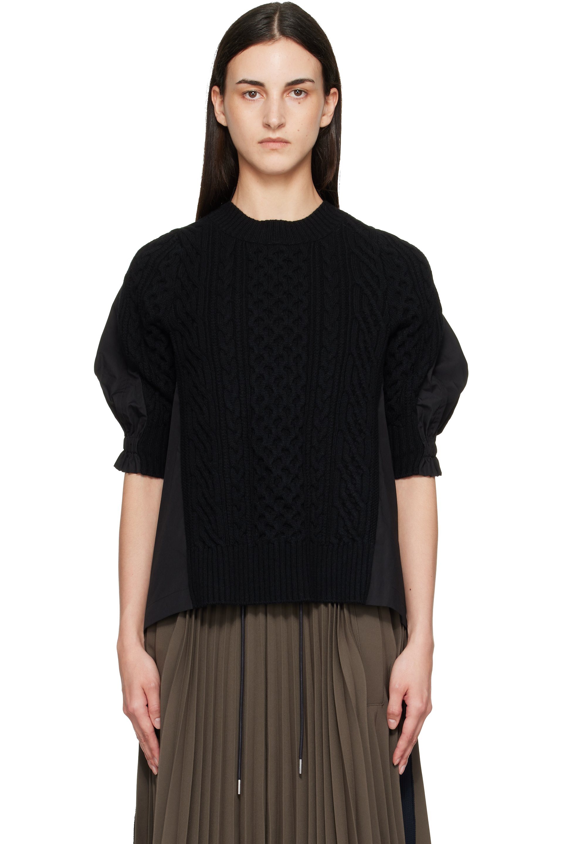 sacai - Black Wool Knit x Cotton Poplin Pullover Sweater