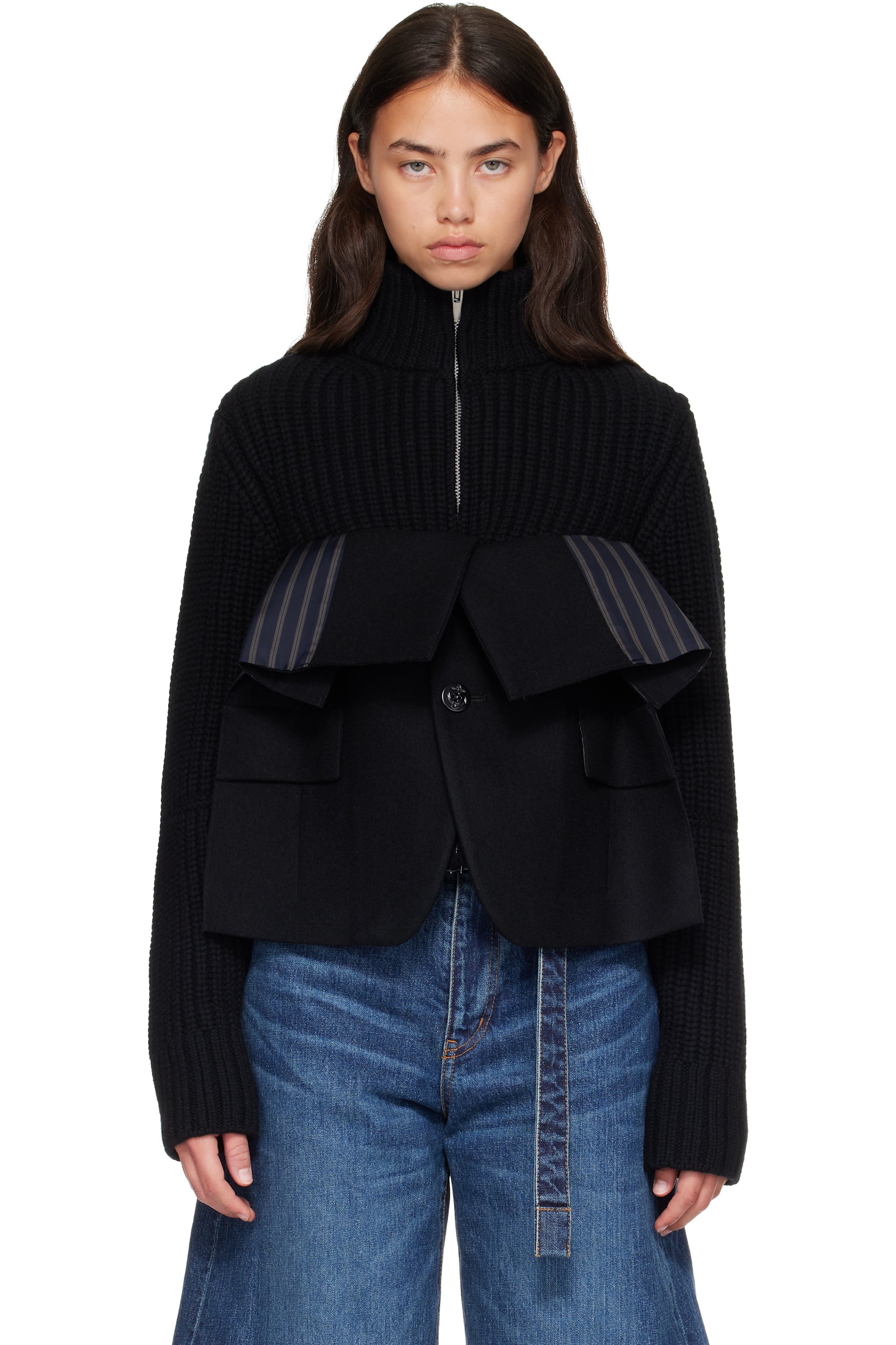 sacai - Black Wool Melton x Wool Knit Blouson Jacket
