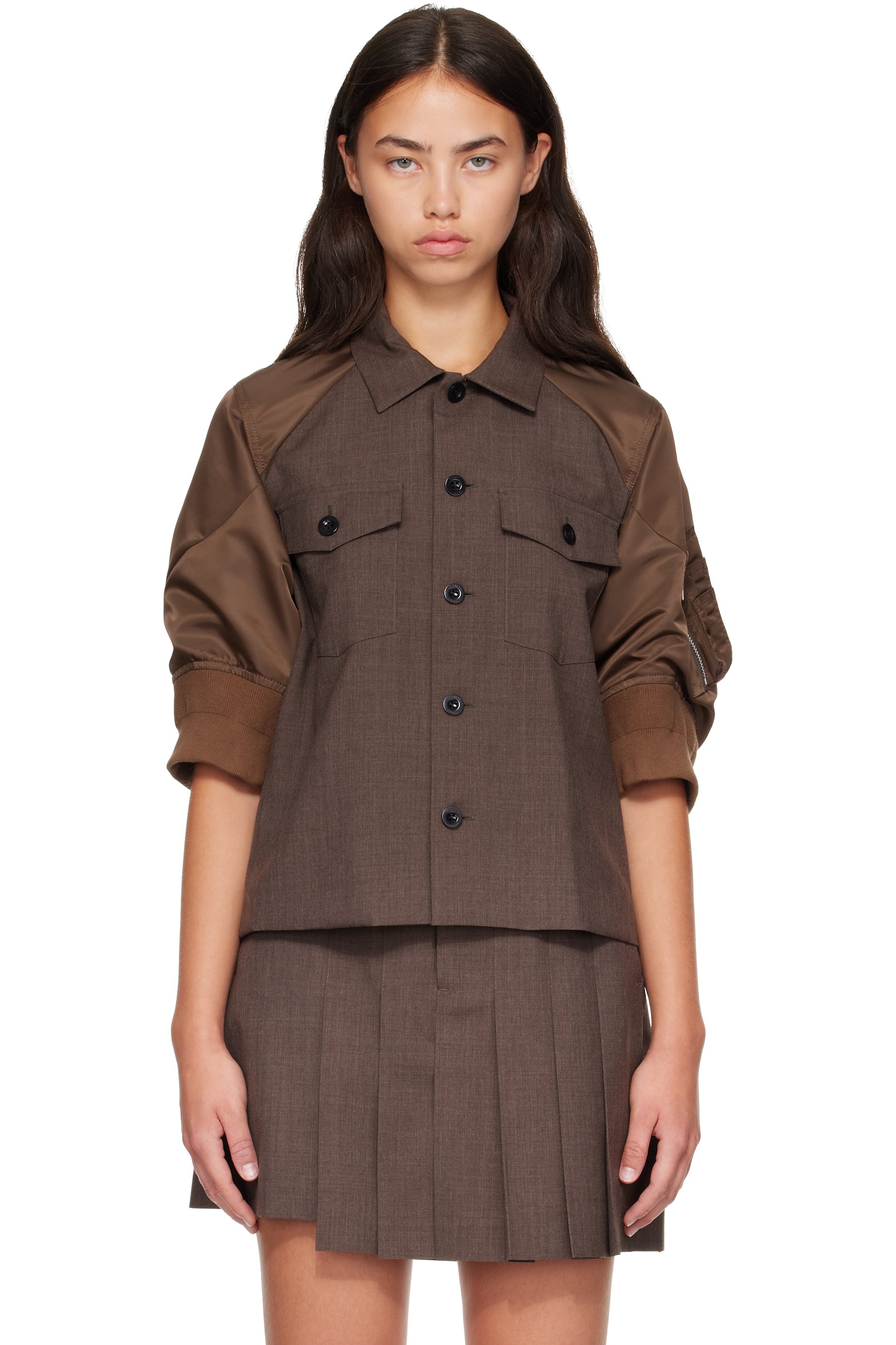 sacai - Brown Suiting x Nylon Twill Shirt