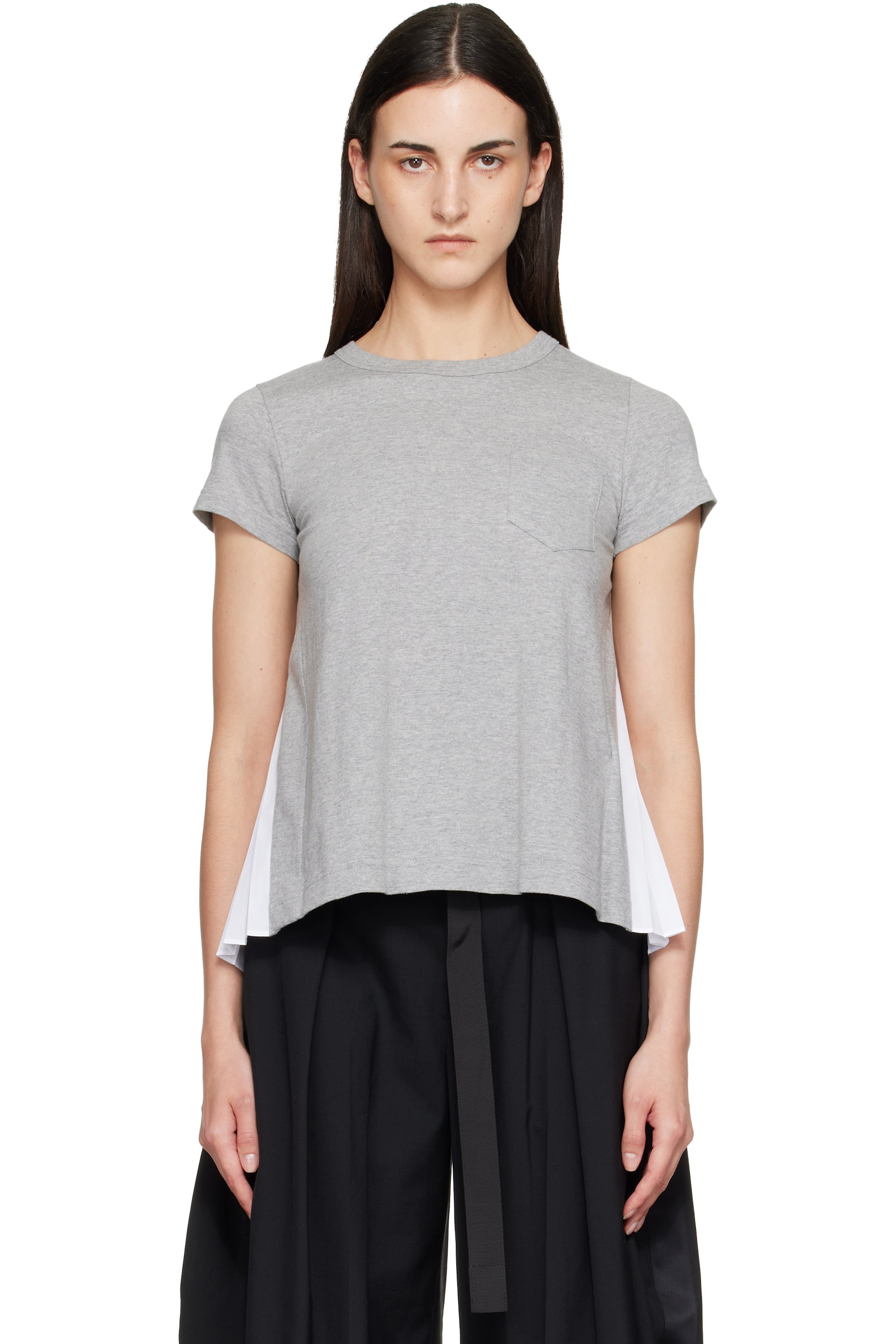 sacai - Gray & White Cotton Poplin x Cotton Jersey T-shirt