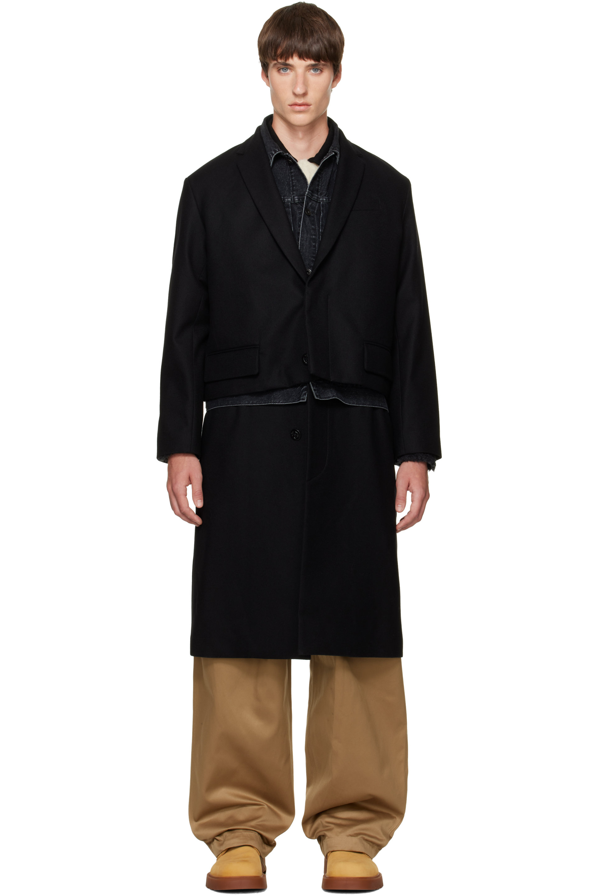 sacai - Black Wool Flannel x Denim Coat