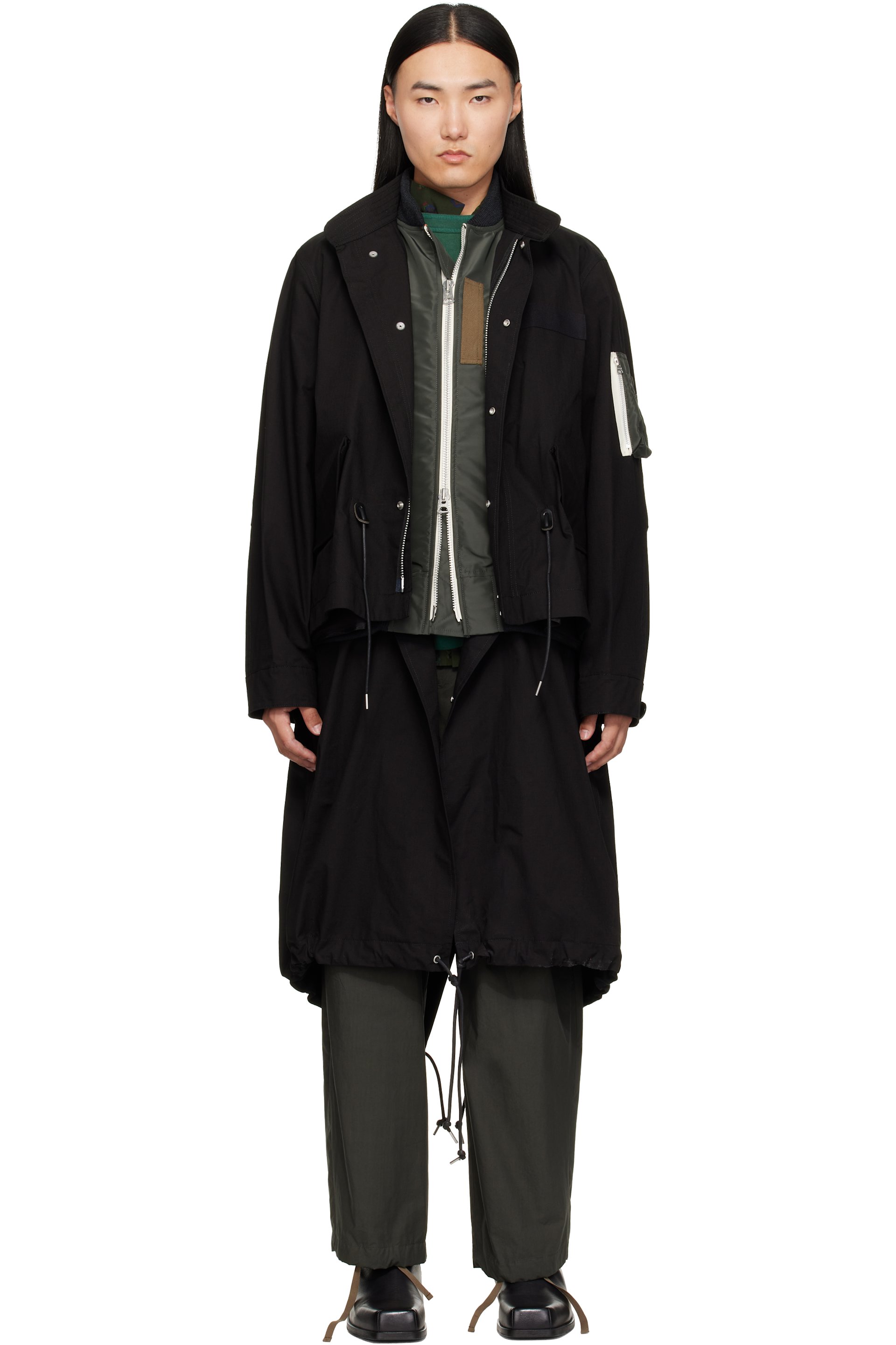 sacai - Black Nylon Twill x Ripstop Coat