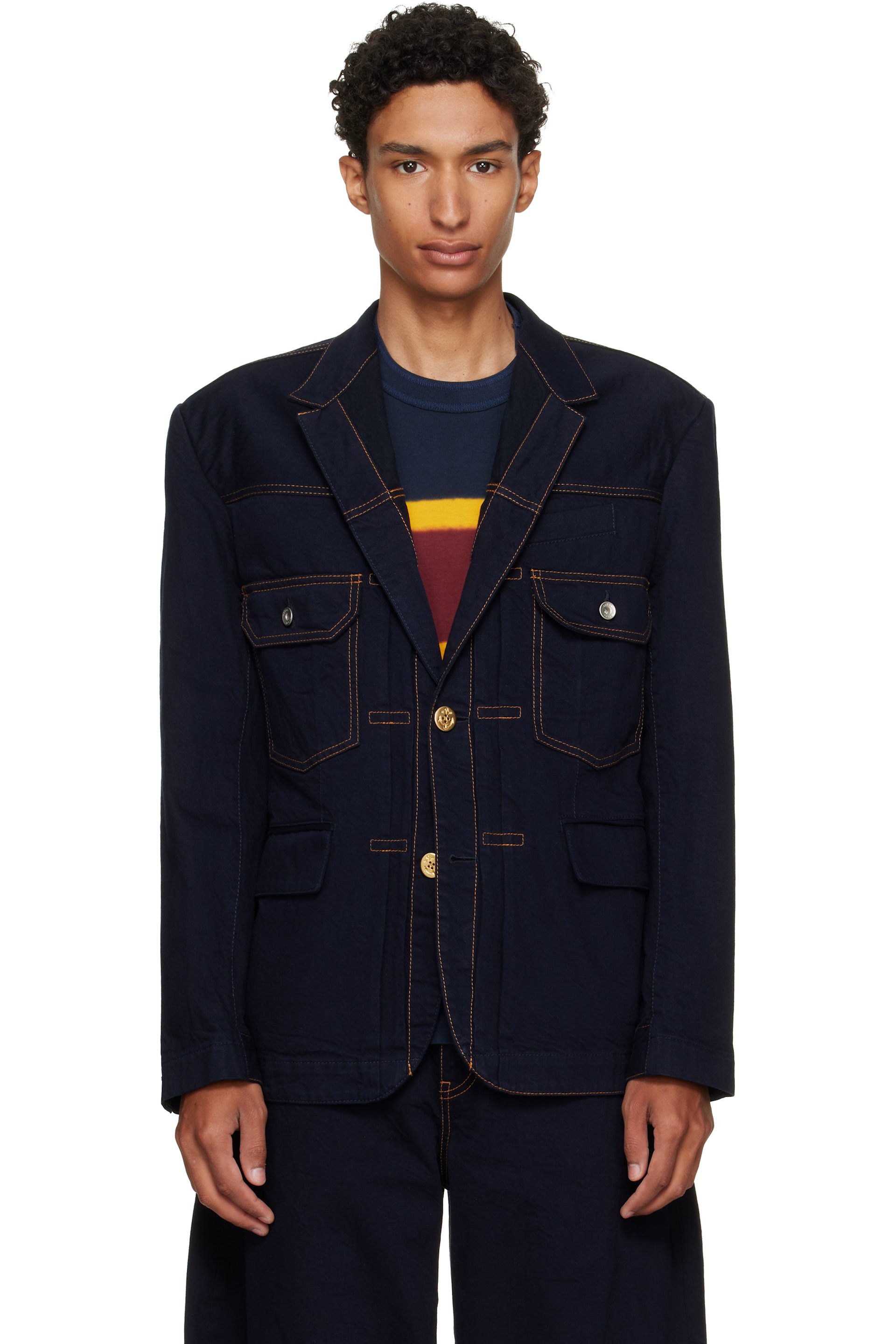 sacai - Veston bleu marine en denim à revers tailleur