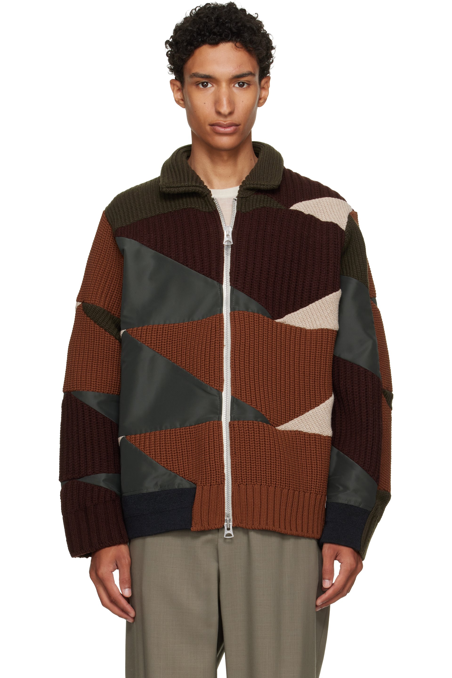 sacai - Khaki & Brown A.P.C. Edition Quilts Knit Blouson Jacket
