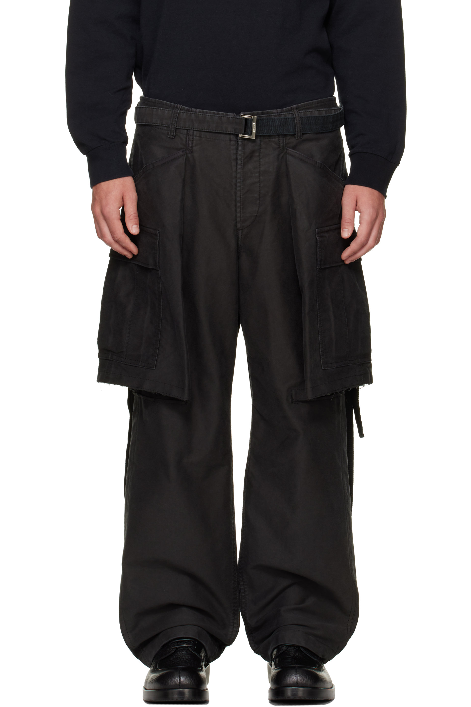sacai - Black Sueded Cotton Cargo Pants