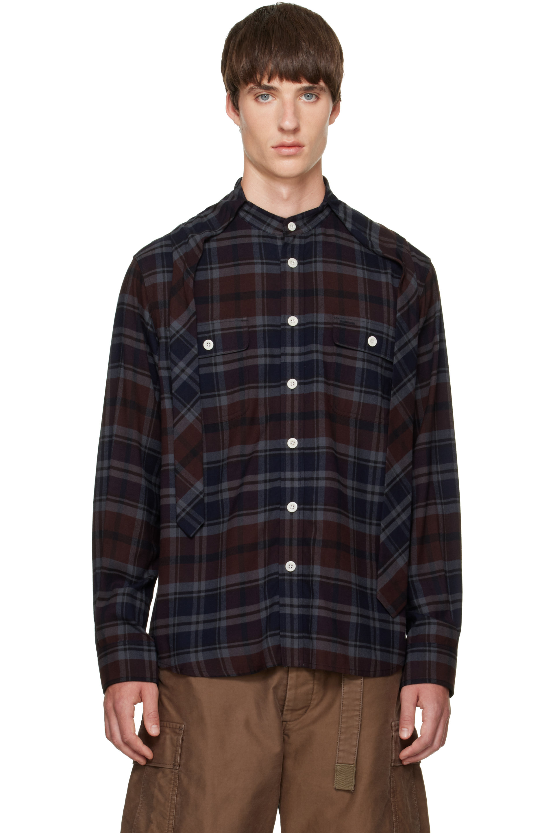 sacai - Navy & Brown Plaid Flannel Shirt