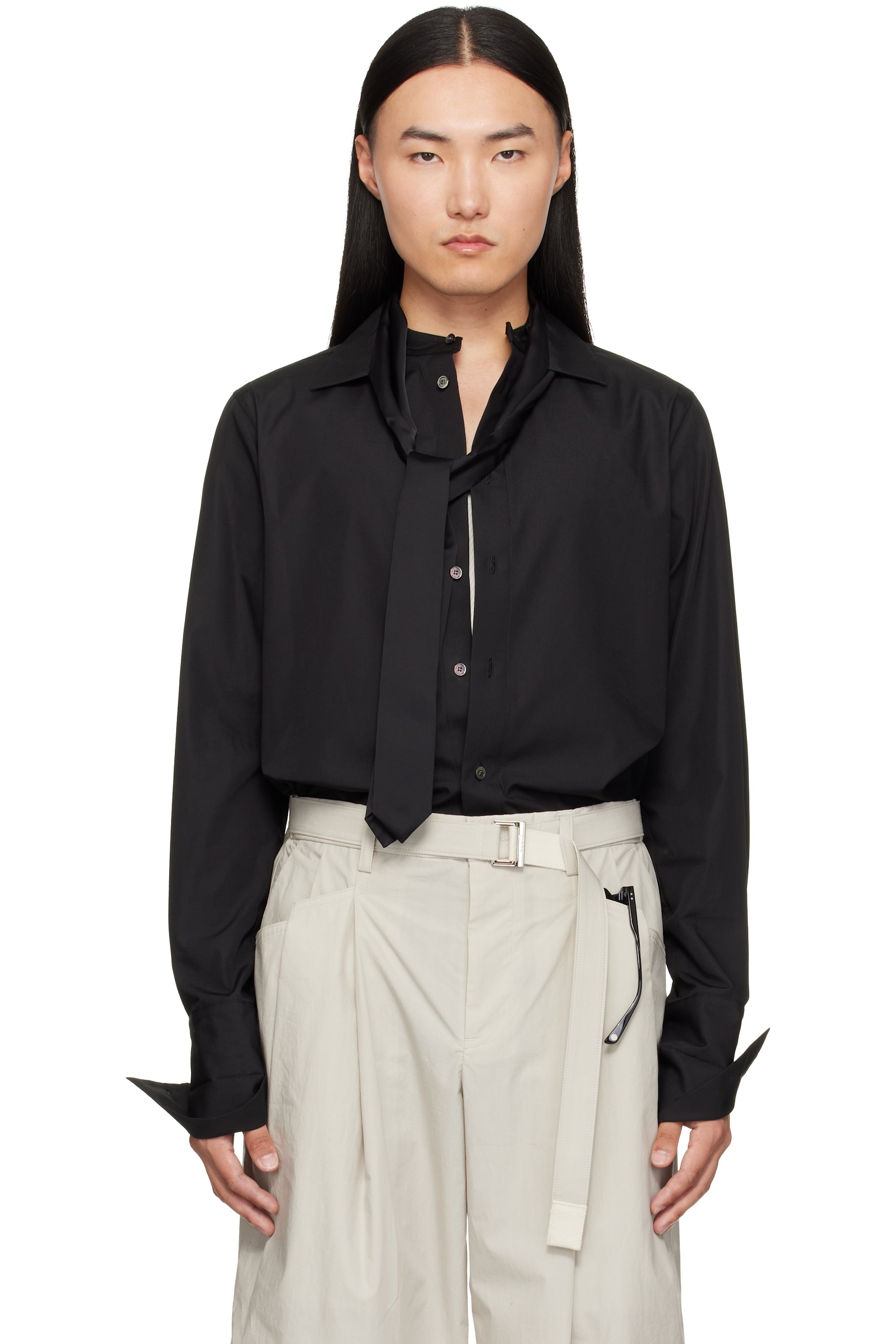 sacai - Black Satin Tie Poplin Shirt