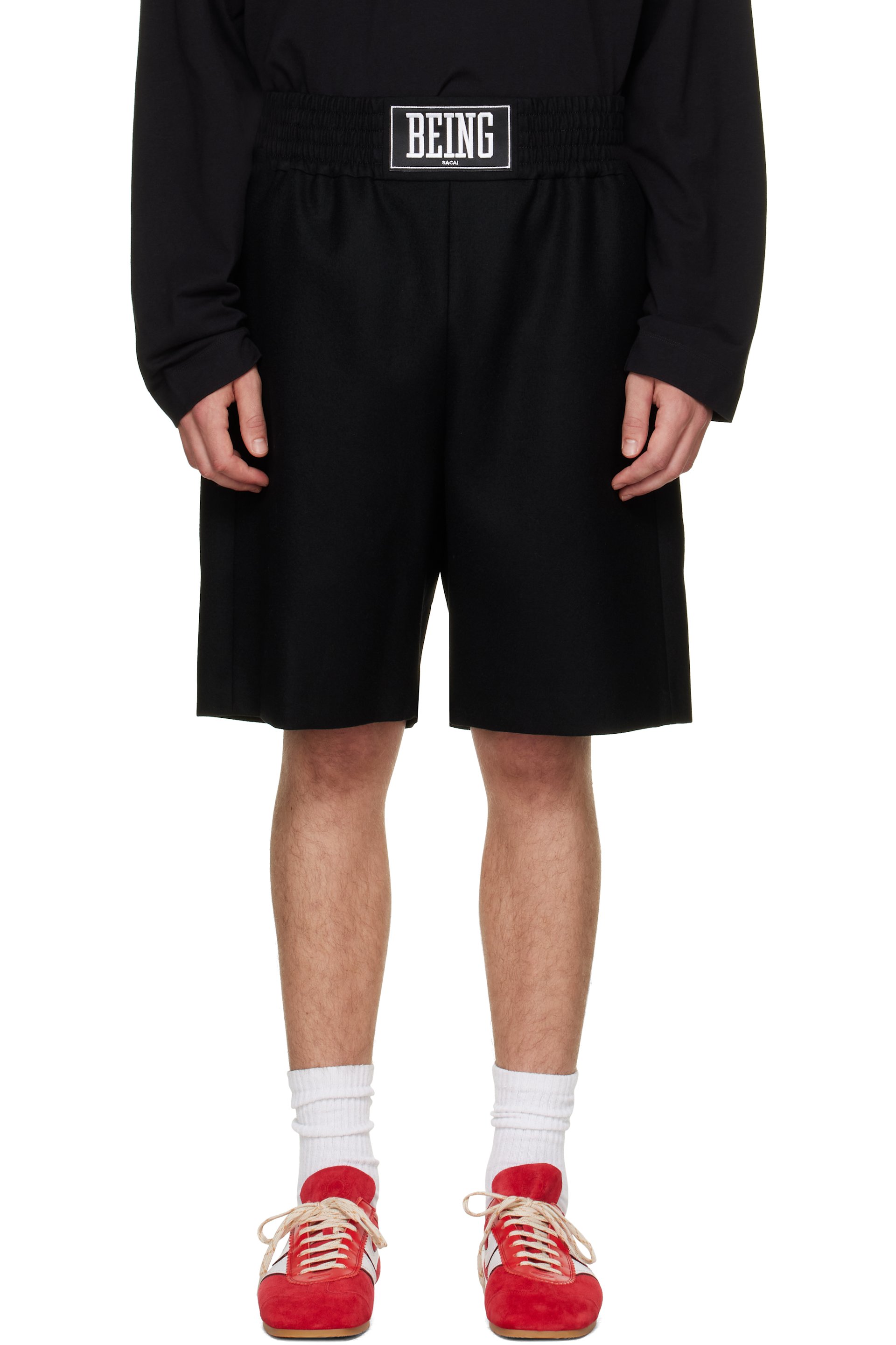 sacai - Black Wool Melton 'BEING' Shorts