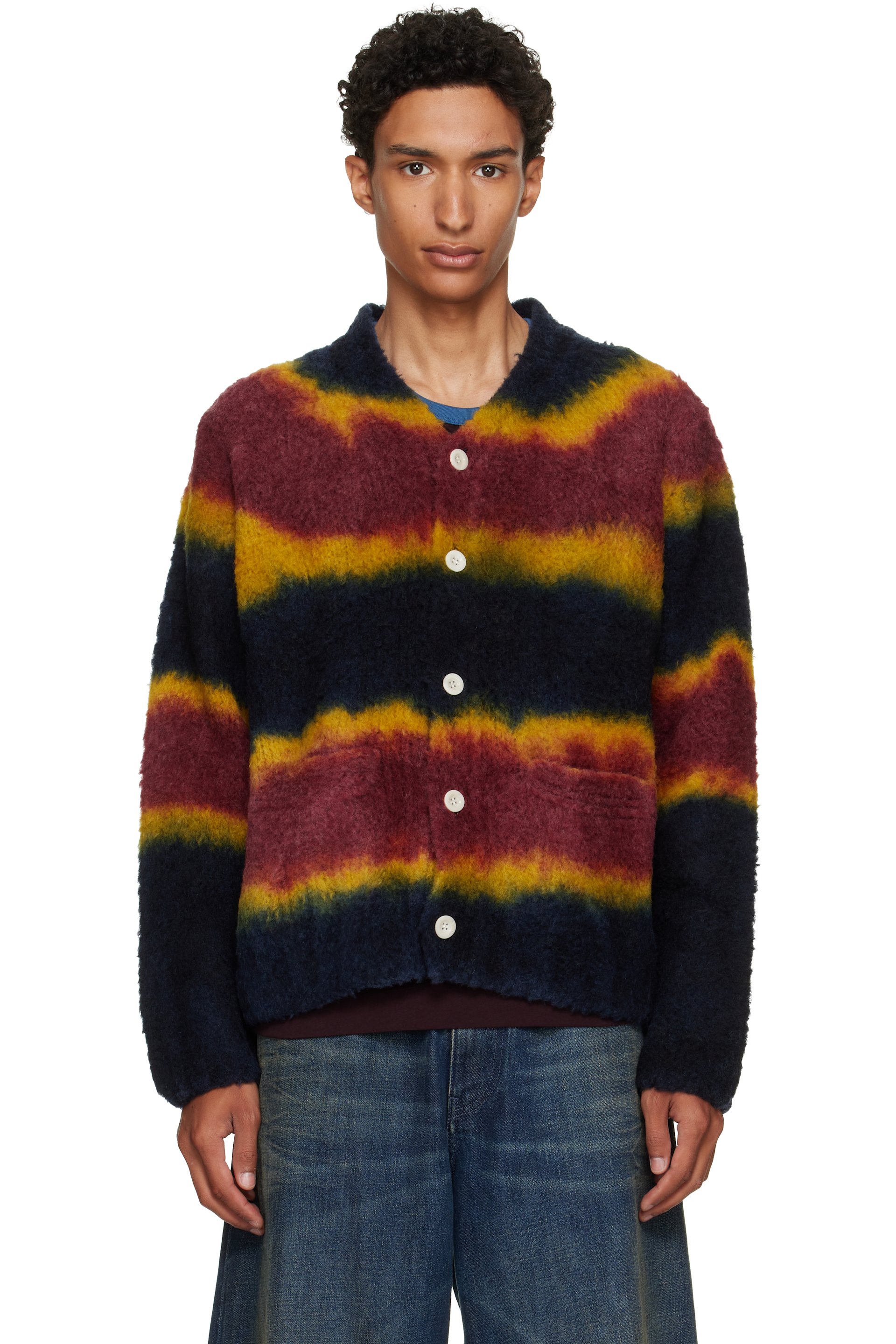 sacai - Cardigan bleu marine et bourgogne en tricot à teinture Chusen