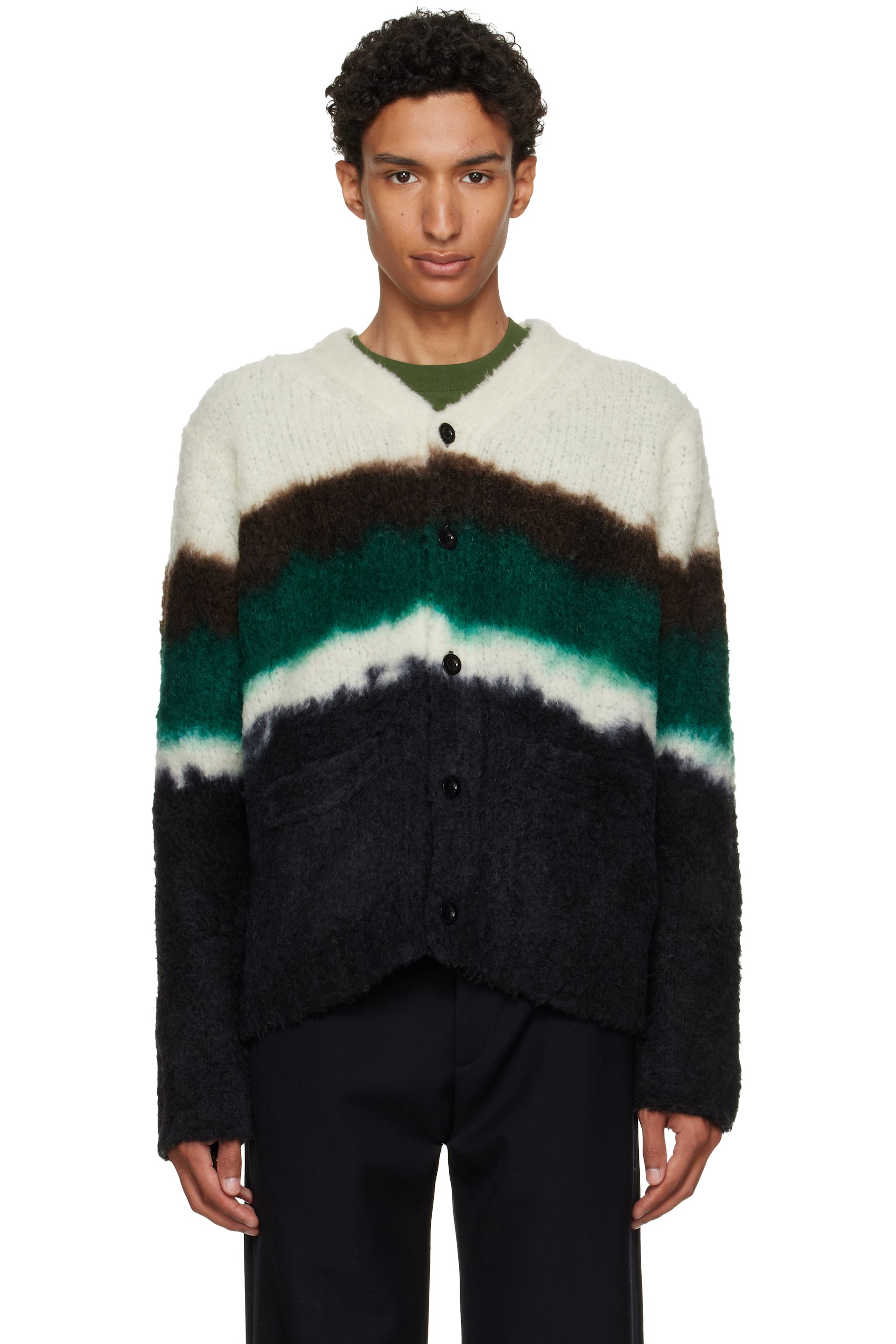 sacai - Cardigan noir et blanc cassé en tricot à teinture Chusen