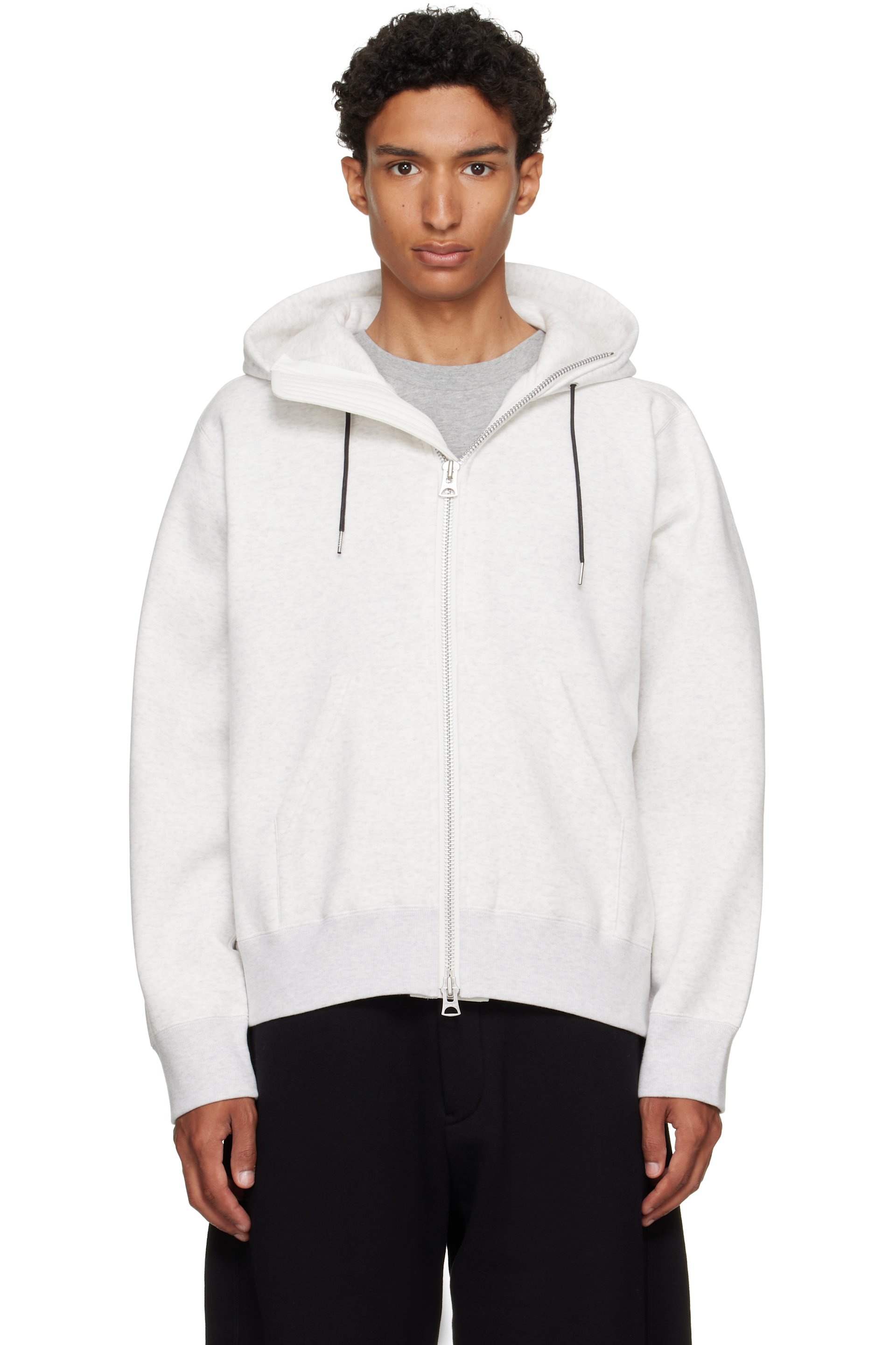 sacai - Pull à capuche blanc cassé en jersey de coton