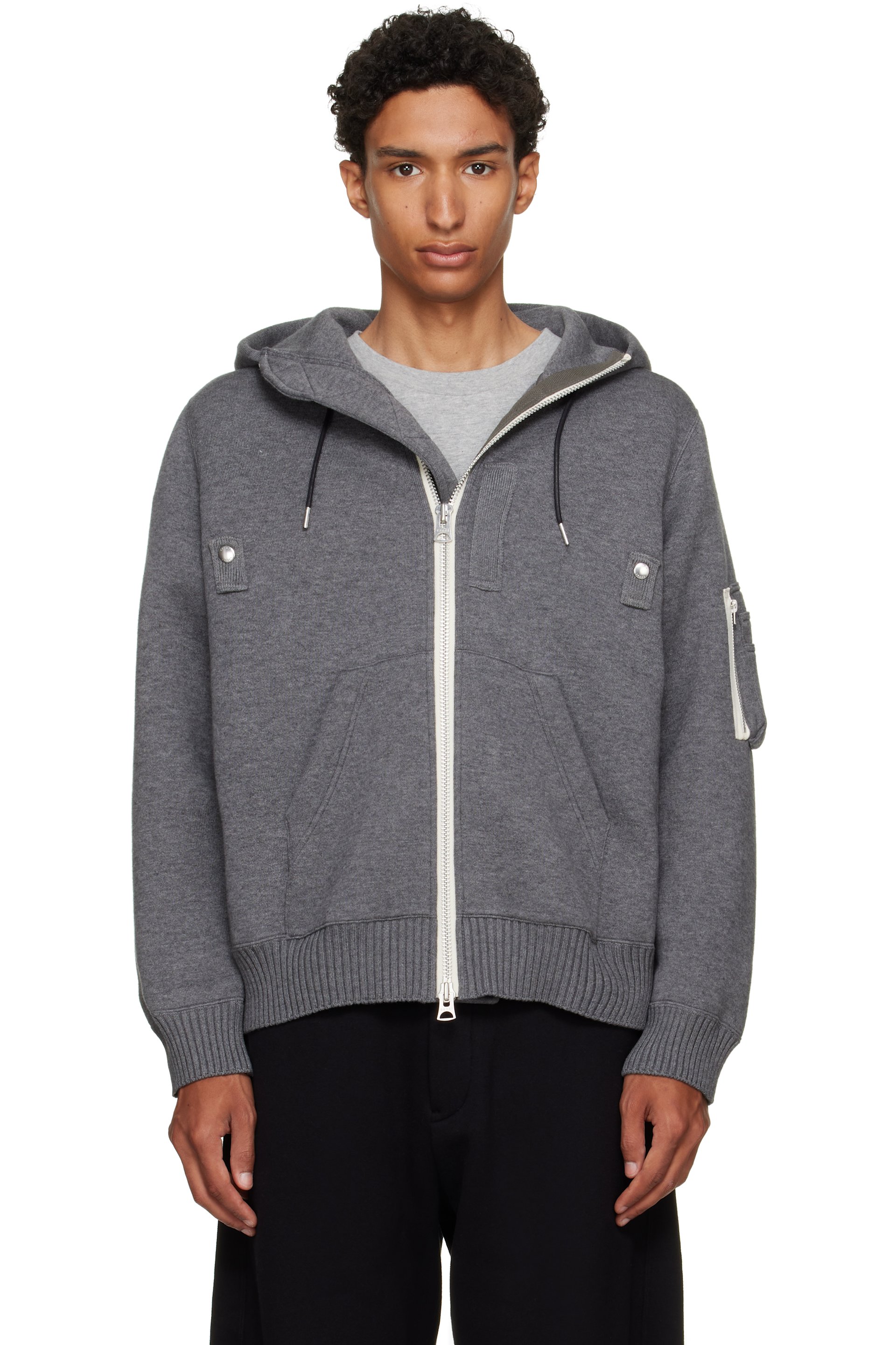 sacai - Pull à capuche gris en tricot de coton et cachemire