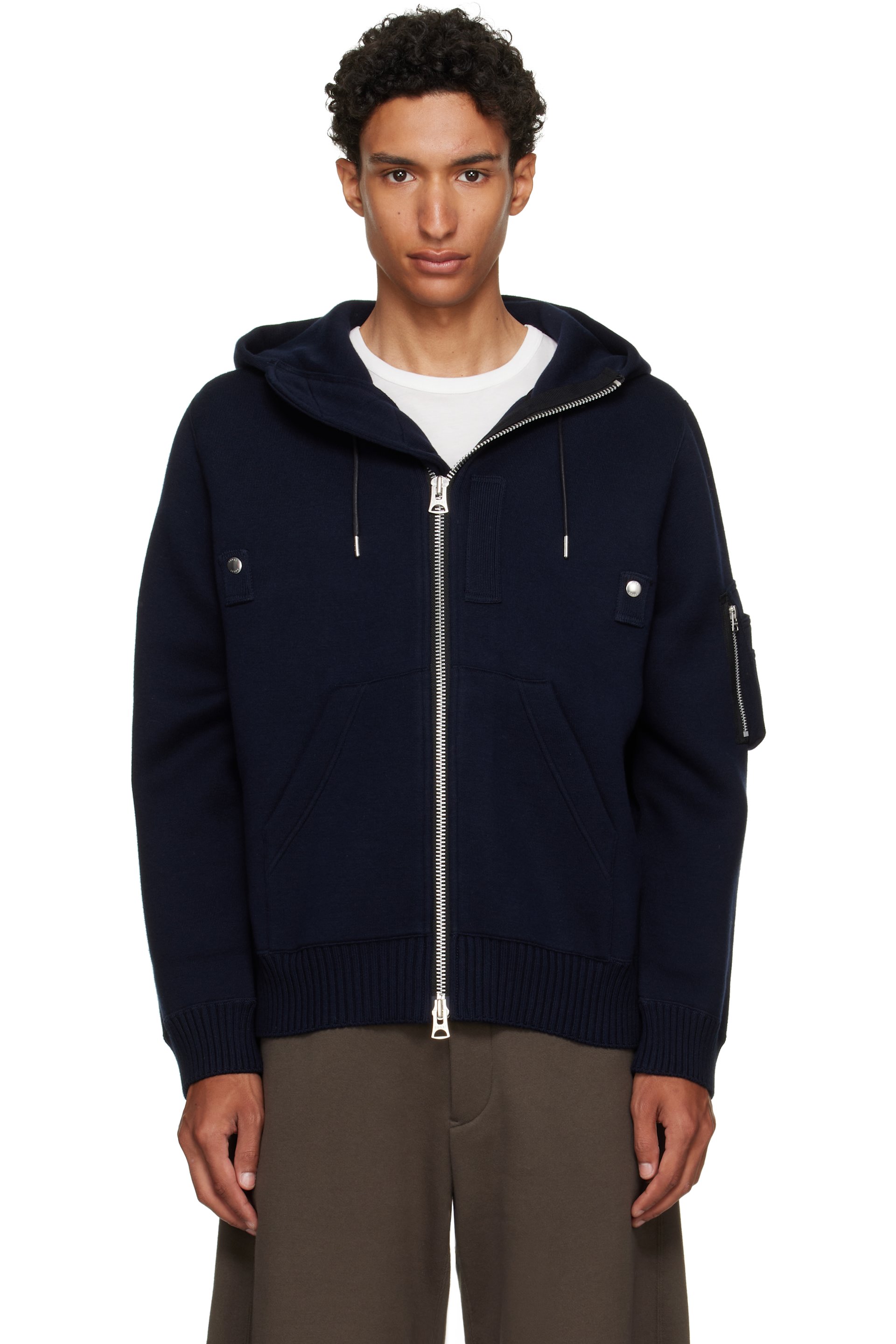 sacai - Pull à capuche bleu marine en tricot de coton et cachemire
