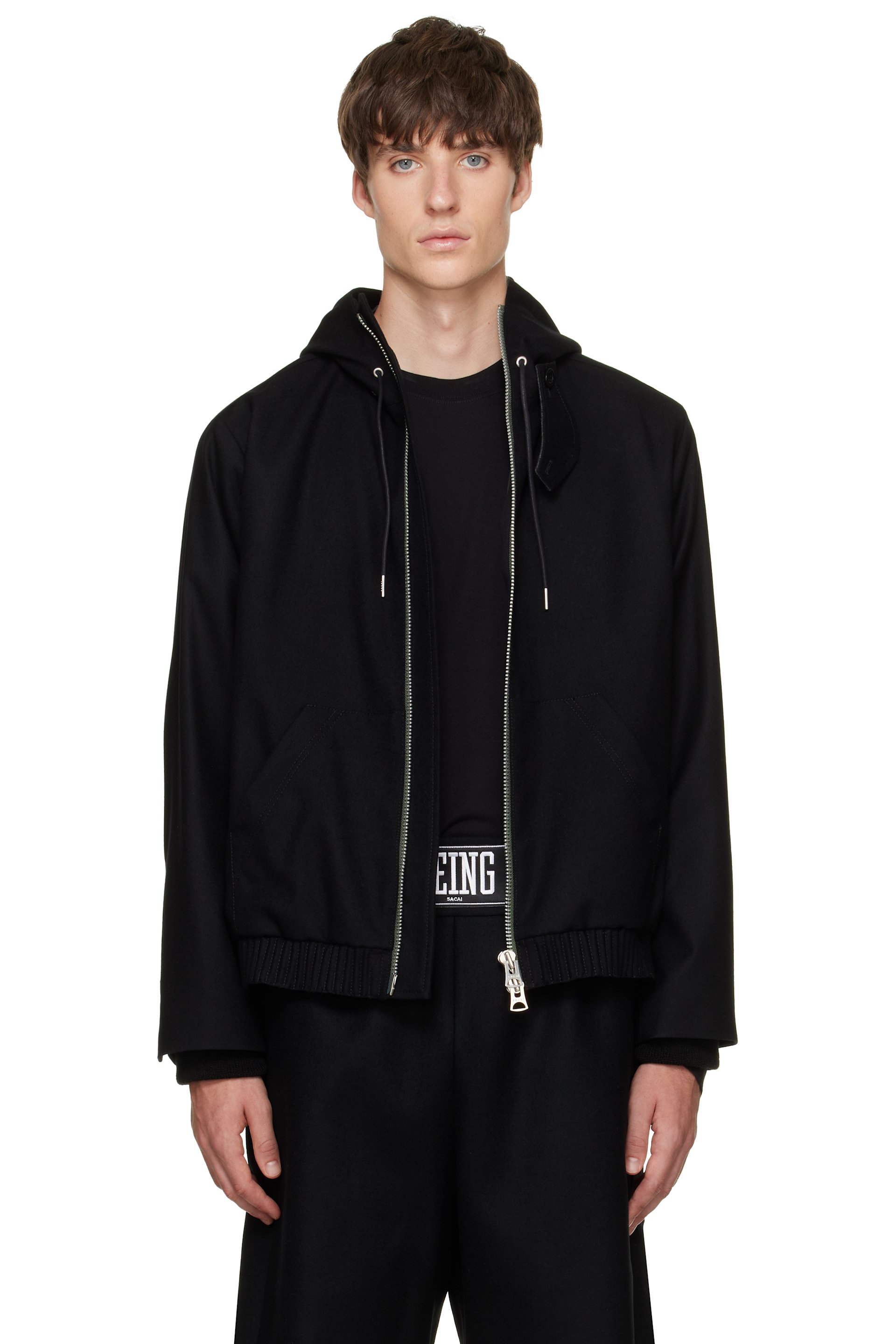 sacai - Black Wool Flannel Hoodie