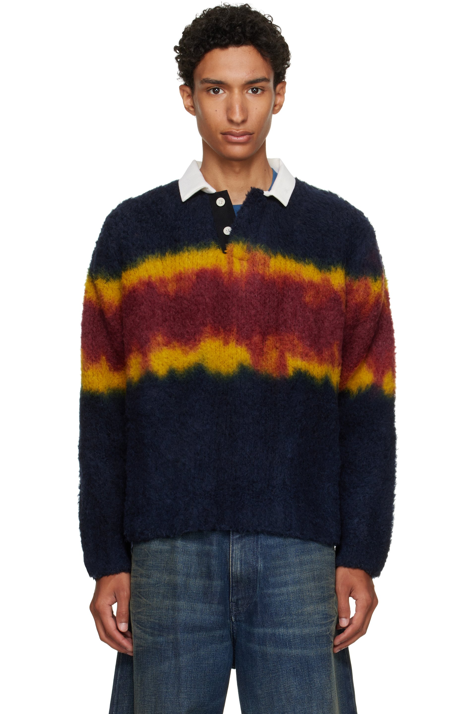 sacai - Navy & Burgundy Chusen-Dyed Knit Polo