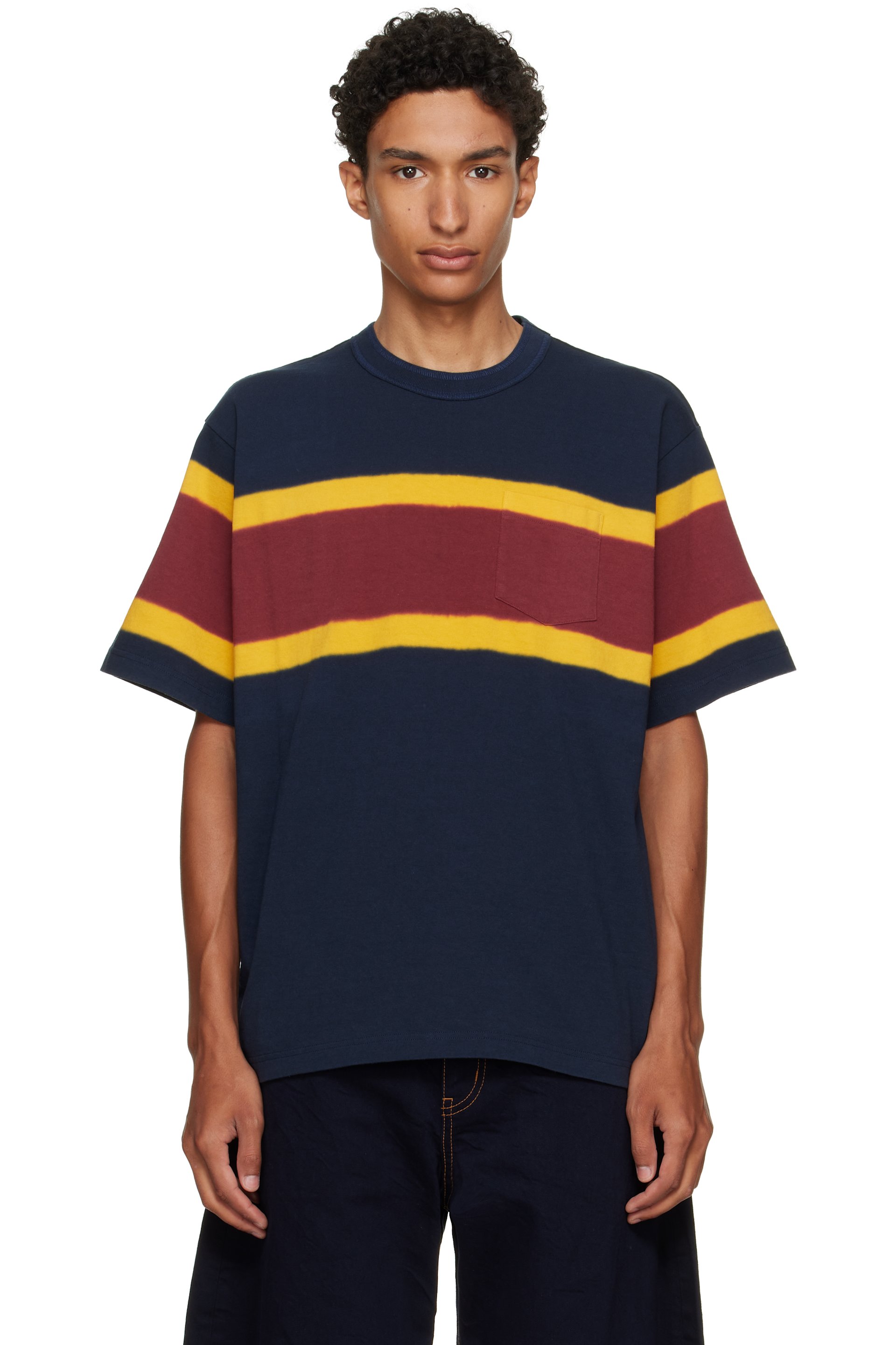 sacai - T-shirt bleu marine et bourgogne en jersey de coton à teinture Chusen