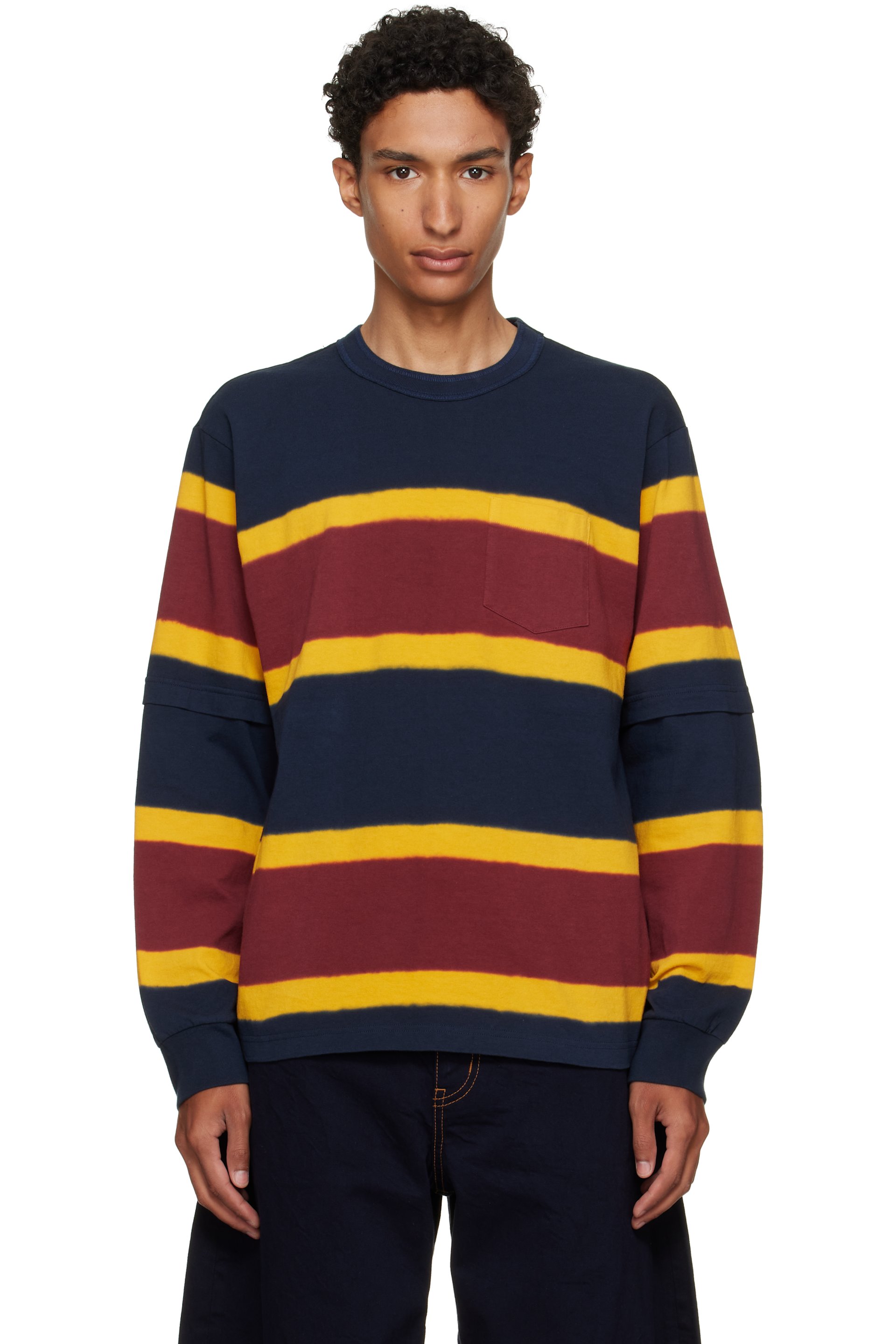 sacai - T-shirt bleu marine et bourgogne en jersey de coton à teinture Chusen