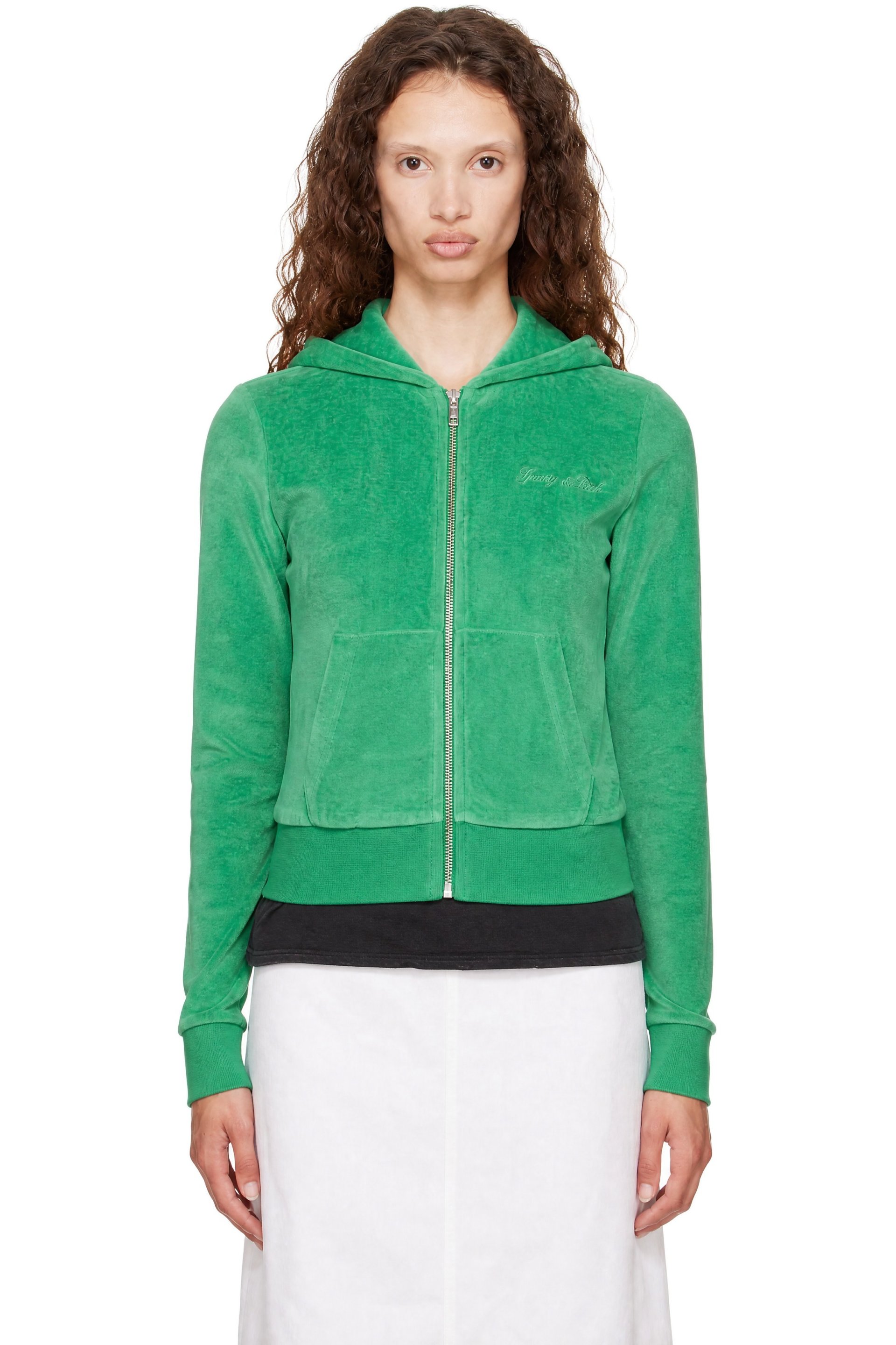 Sporty & Rich - Green Signature Logo Krystal Zip Hoodie