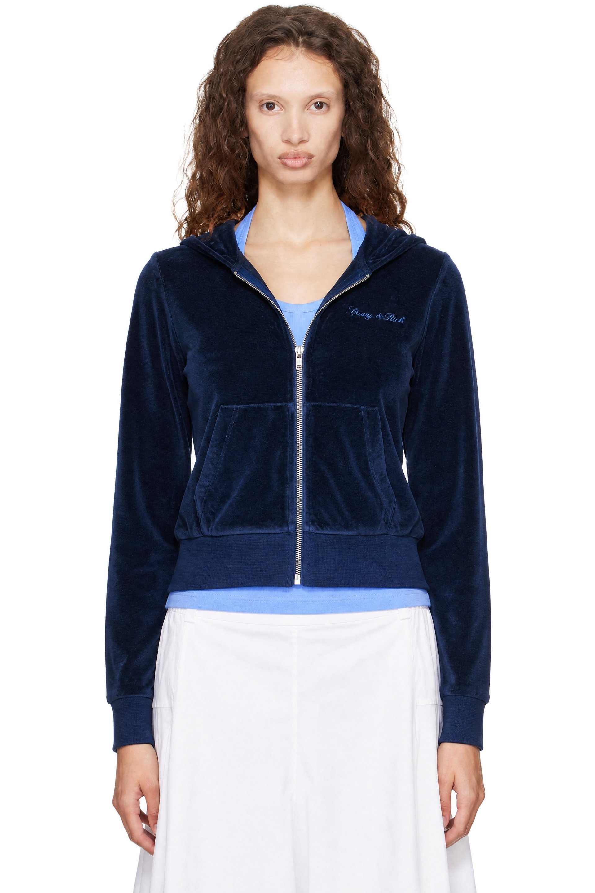 Sporty & Rich - Navy Signature Logo Krystal Zip Hoodie