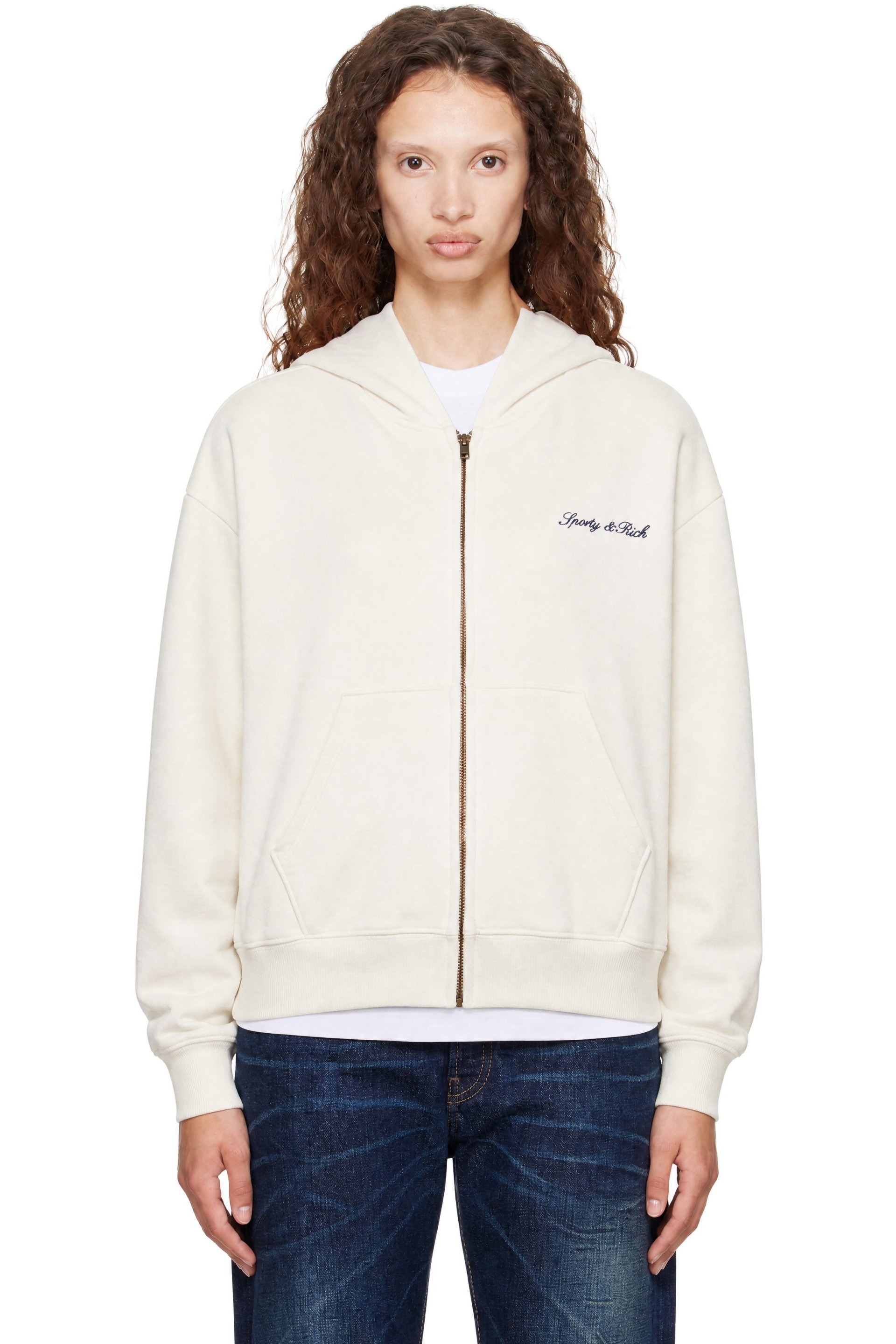 Sporty & Rich - Off-White Signature Logo Embroidered Zip Hoodie