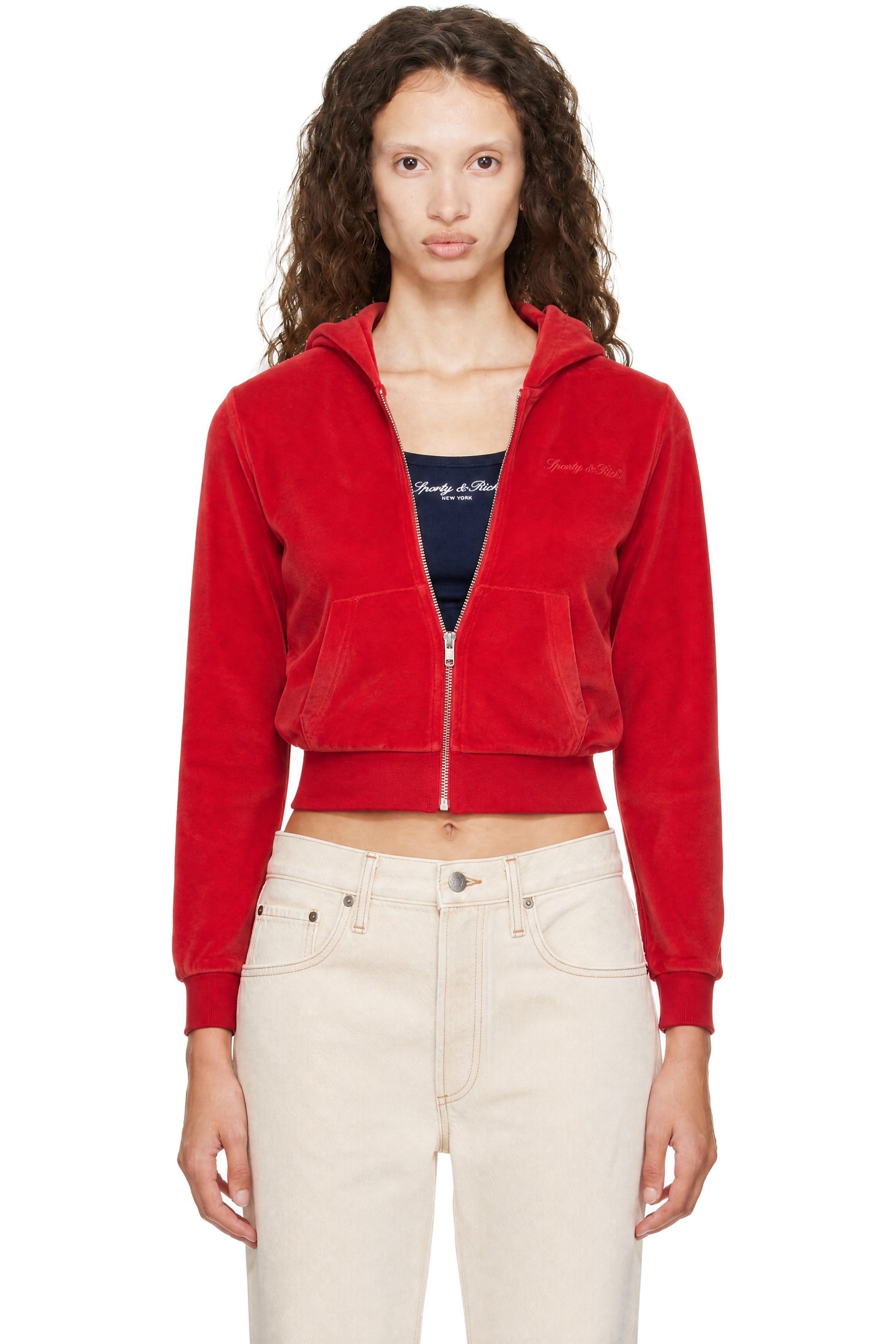 Sporty & Rich - Red Signature Logo Krystal Zip Hoodie