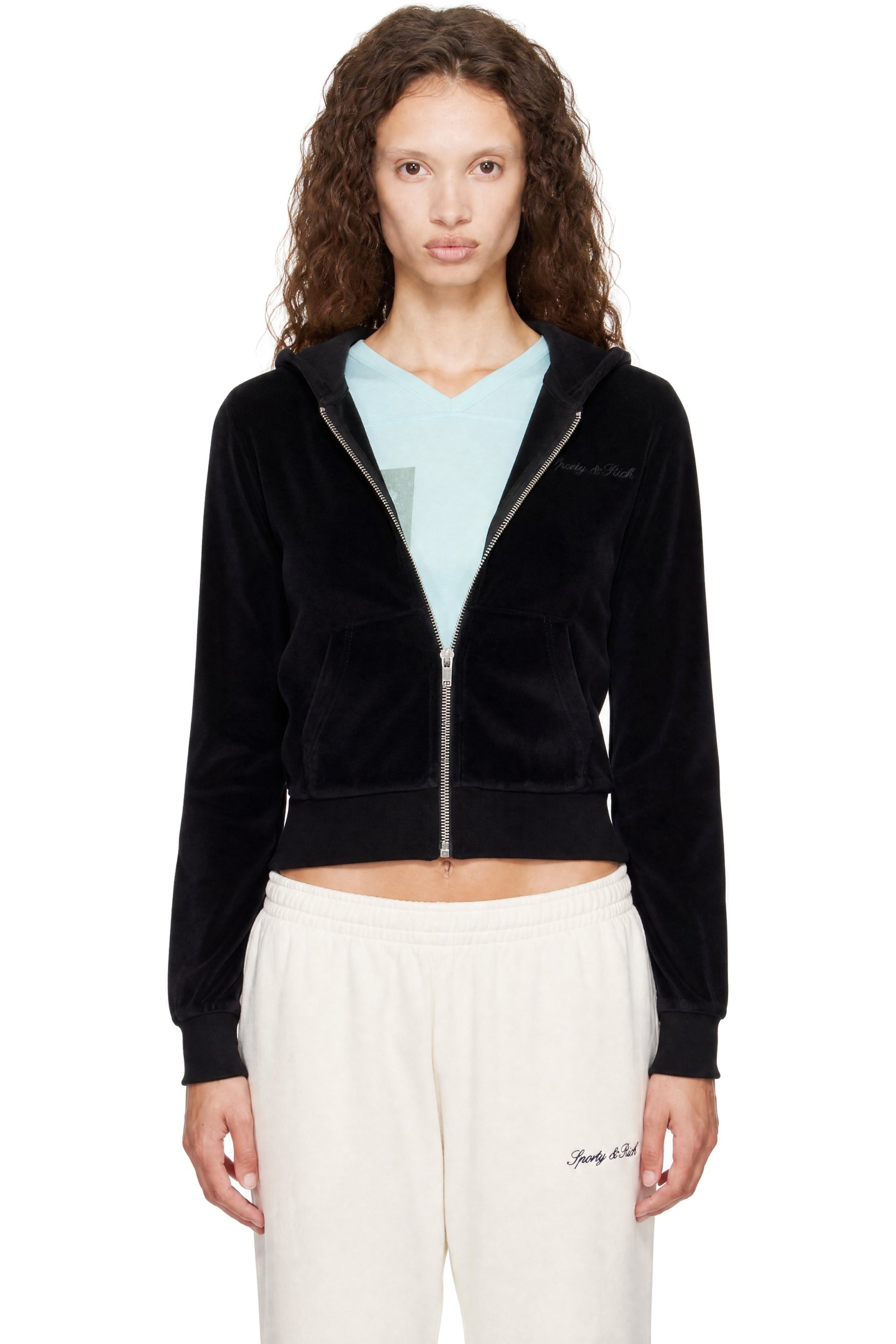Sporty & Rich - Black Signature Logo Krystal Zip Hoodie